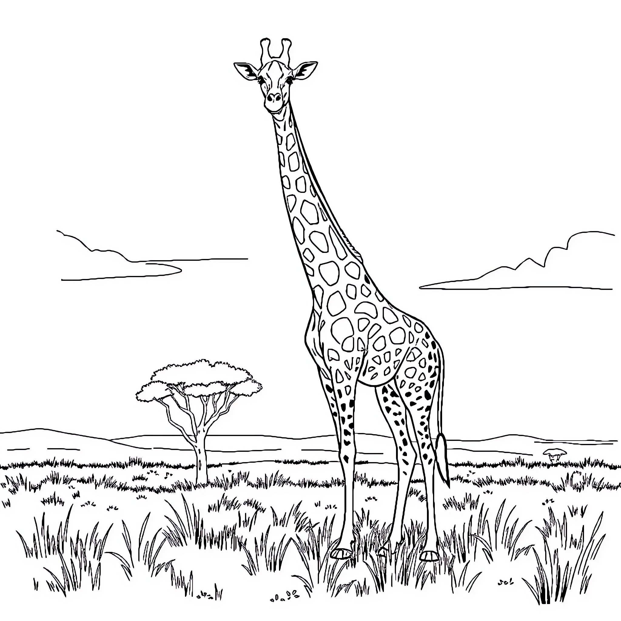 Giraffe standing tall in the savanna landscape Coloring Page (free black-and-white line drawing printable PDF for all, from beginners to advanced learners, including children, teens, adults, and seniors)