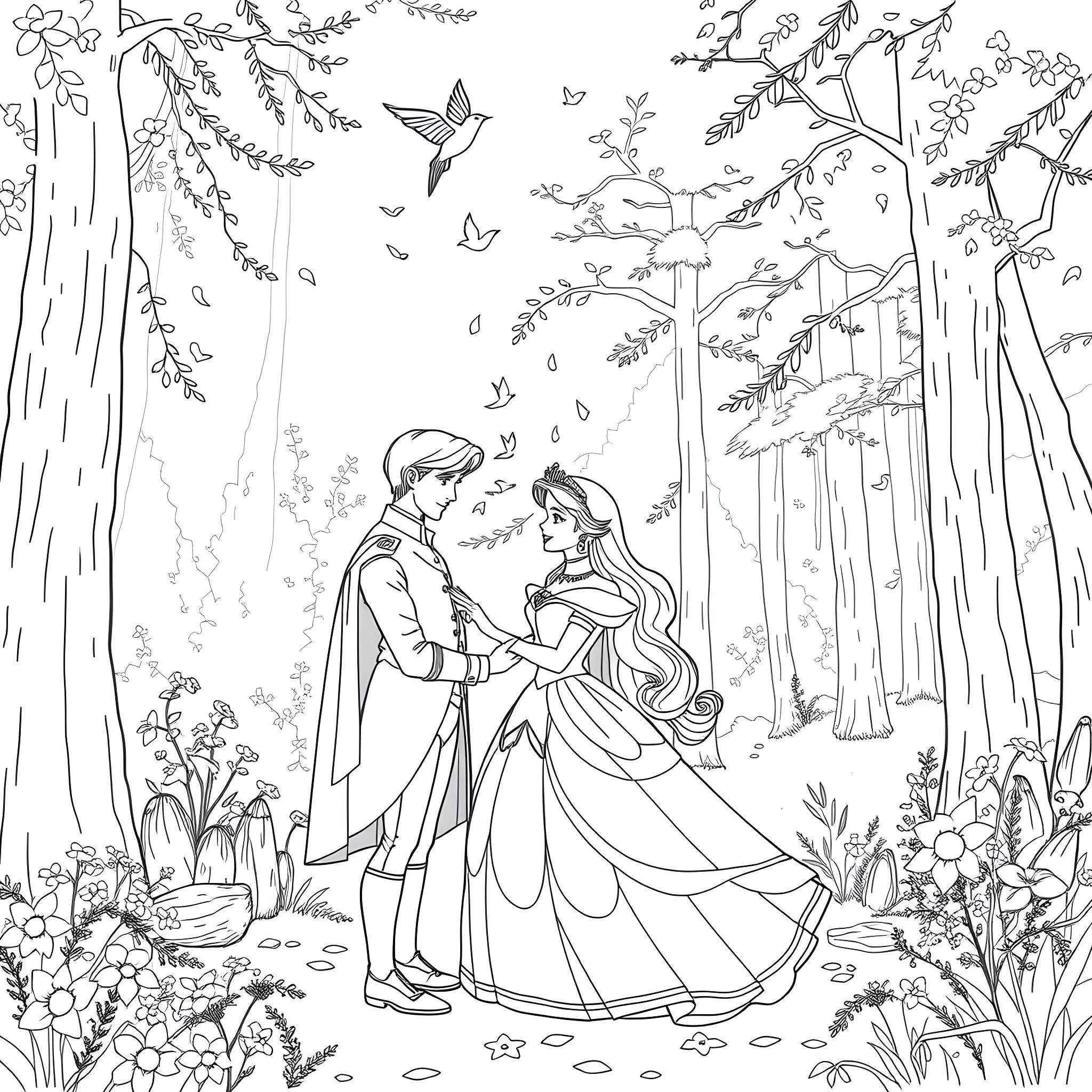 Aurora's Enchanting Embrace in the Enchanted Forest Coloring Page (free black-and-white line drawing printable PDF for all, from beginners to advanced learners, including children, teens, adults, and seniors)