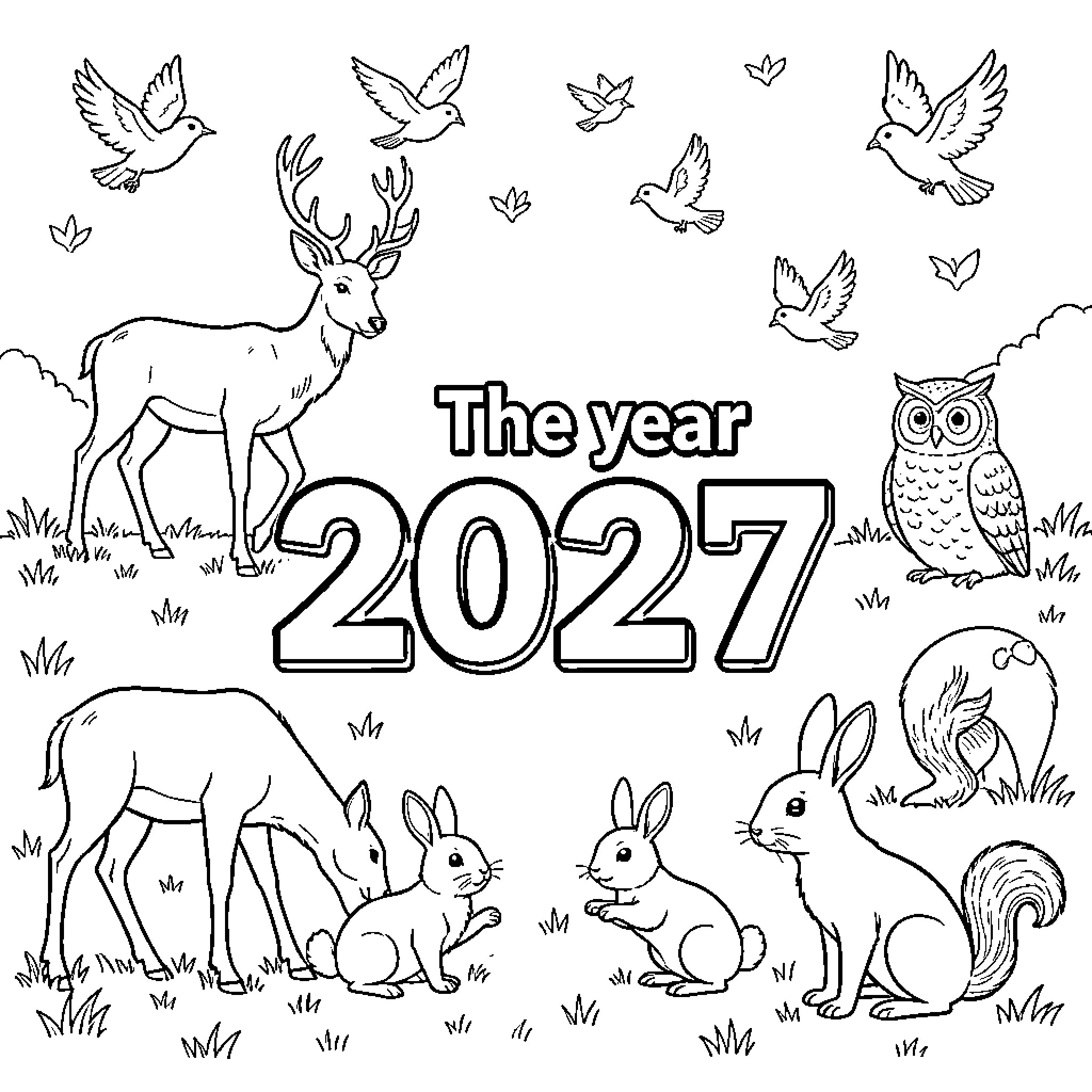2027 forest animals gathering in a peaceful scene Coloring Page (free black-and-white line drawing printable PDF for all, from beginners to advanced learners, including children, teens, adults, and seniors)