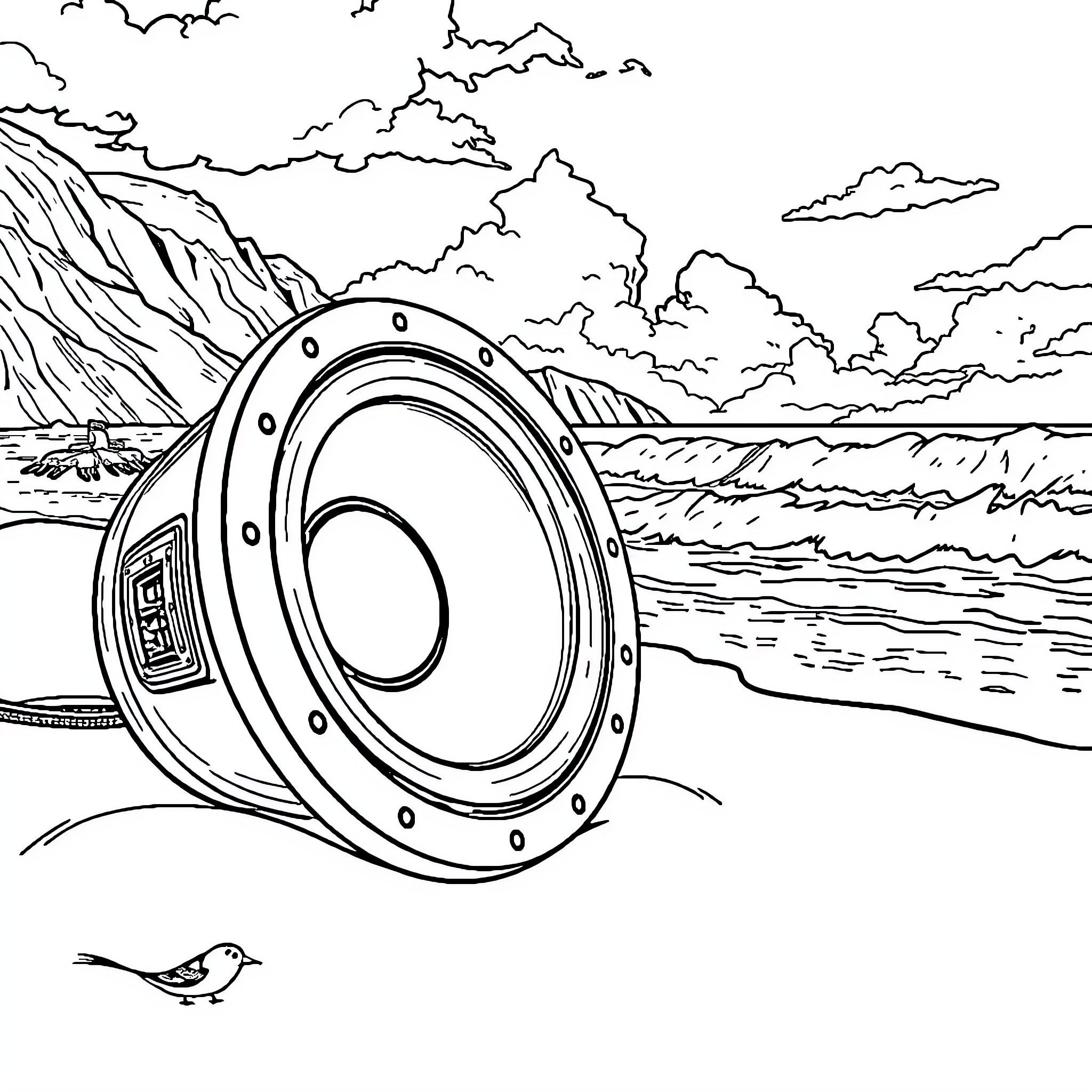 Subwoofer overlooking the rocky coastline Coloring Page (free black-and-white line drawing printable PDF for all, from beginners to advanced learners, including children, teens, adults, and seniors)
