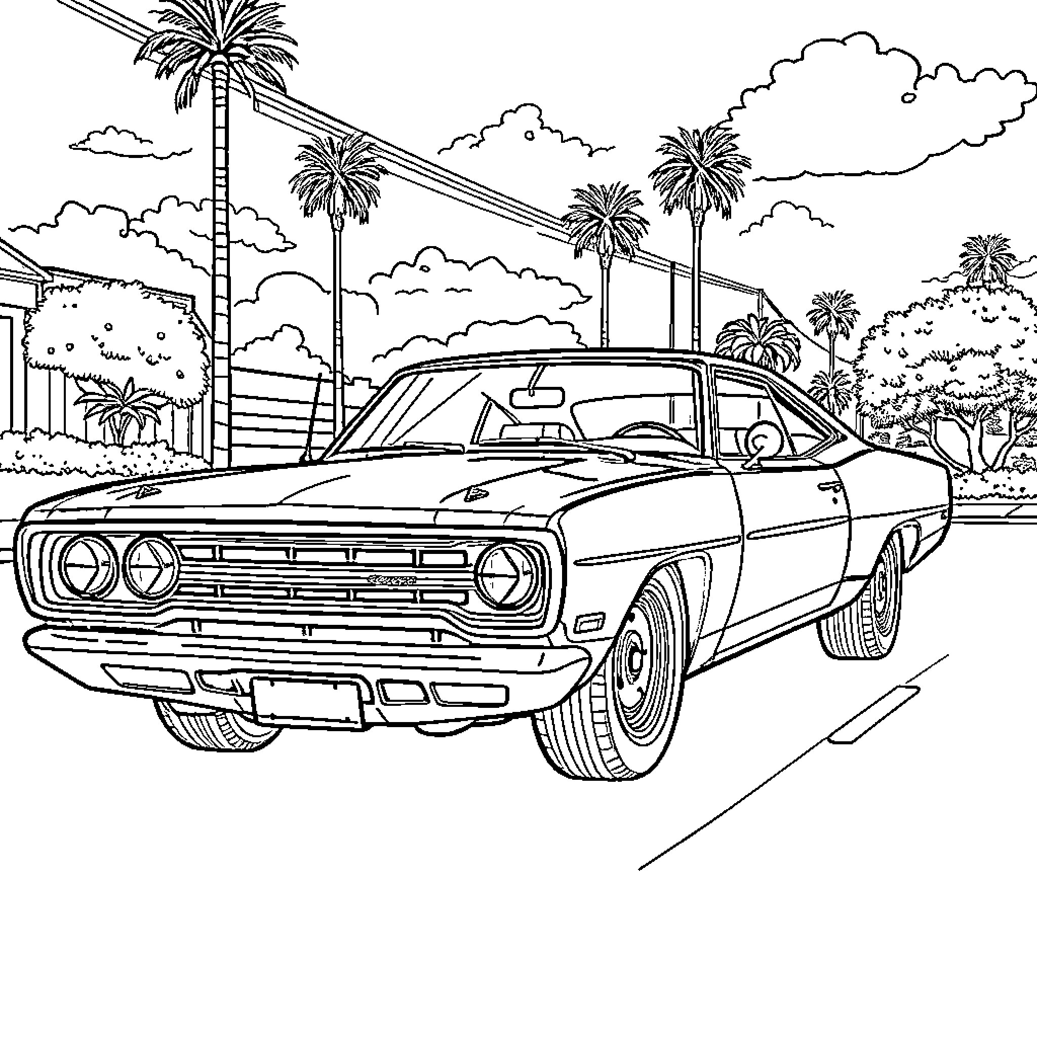 Roadrunner vintage car in tropical setting Coloring Page (free black-and-white line drawing printable PDF for all, from beginners to advanced learners, including children, teens, adults, and seniors)
