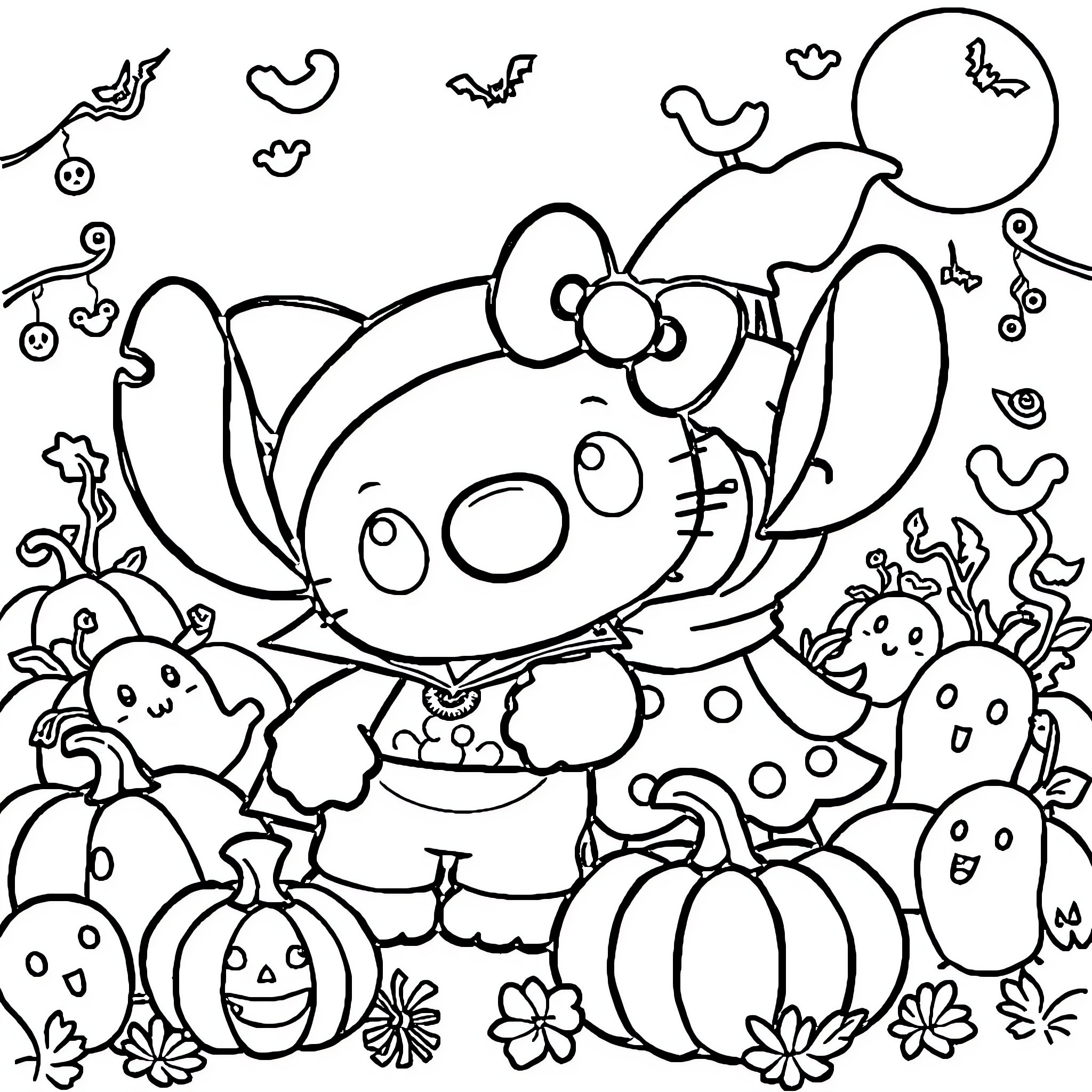 Hello Kitty enjoying a spooky Halloween scene Coloring Page (free black-and-white line drawing printable PDF for all, from beginners to advanced learners, including children, teens, adults, and seniors)
