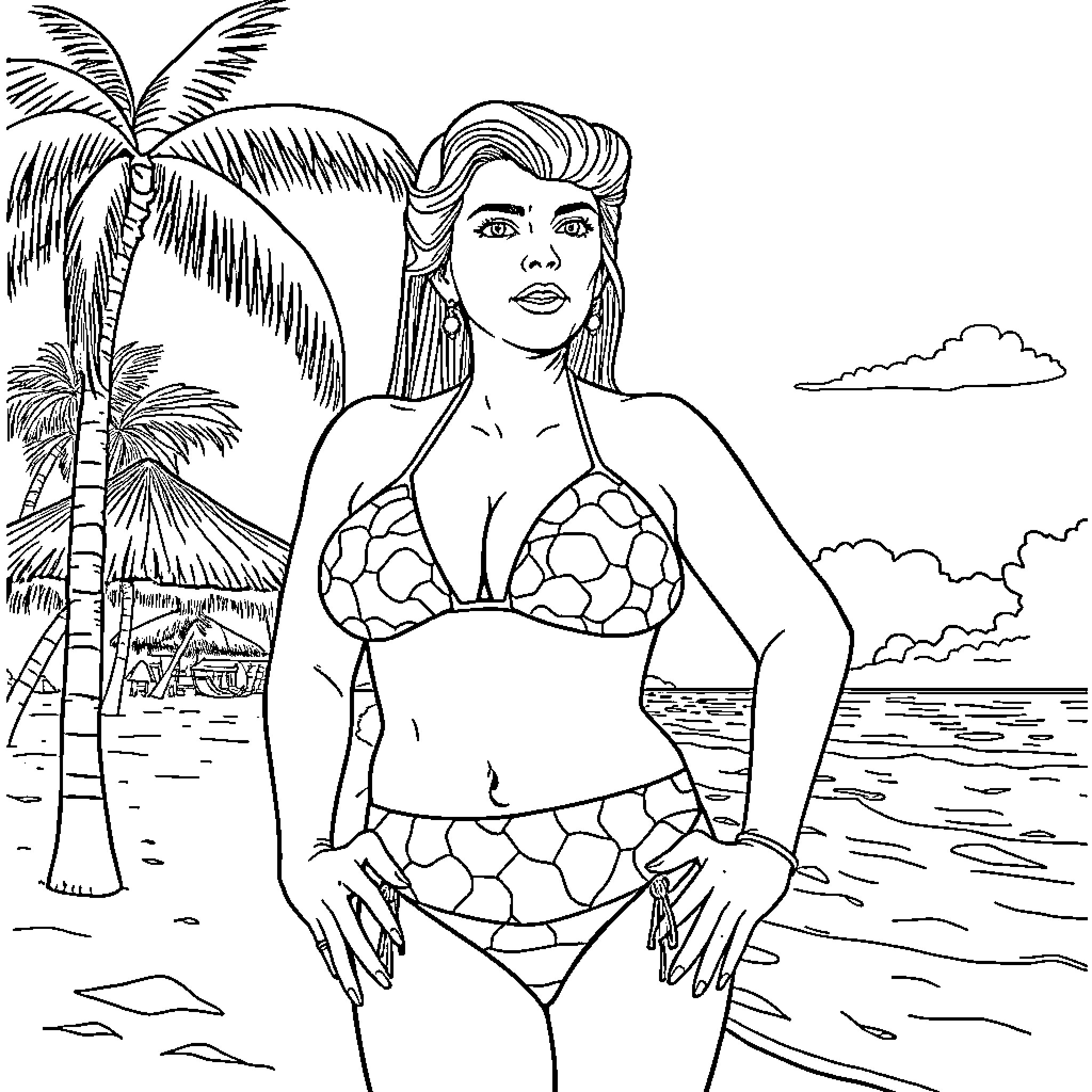 Trump's Beach Vacation: Bikini-Clad Woman Relaxes on Tropical Shore Coloring Page (free black-and-white line drawing printable PDF for all, from beginners to advanced learners, including children, teens, adults, and seniors)