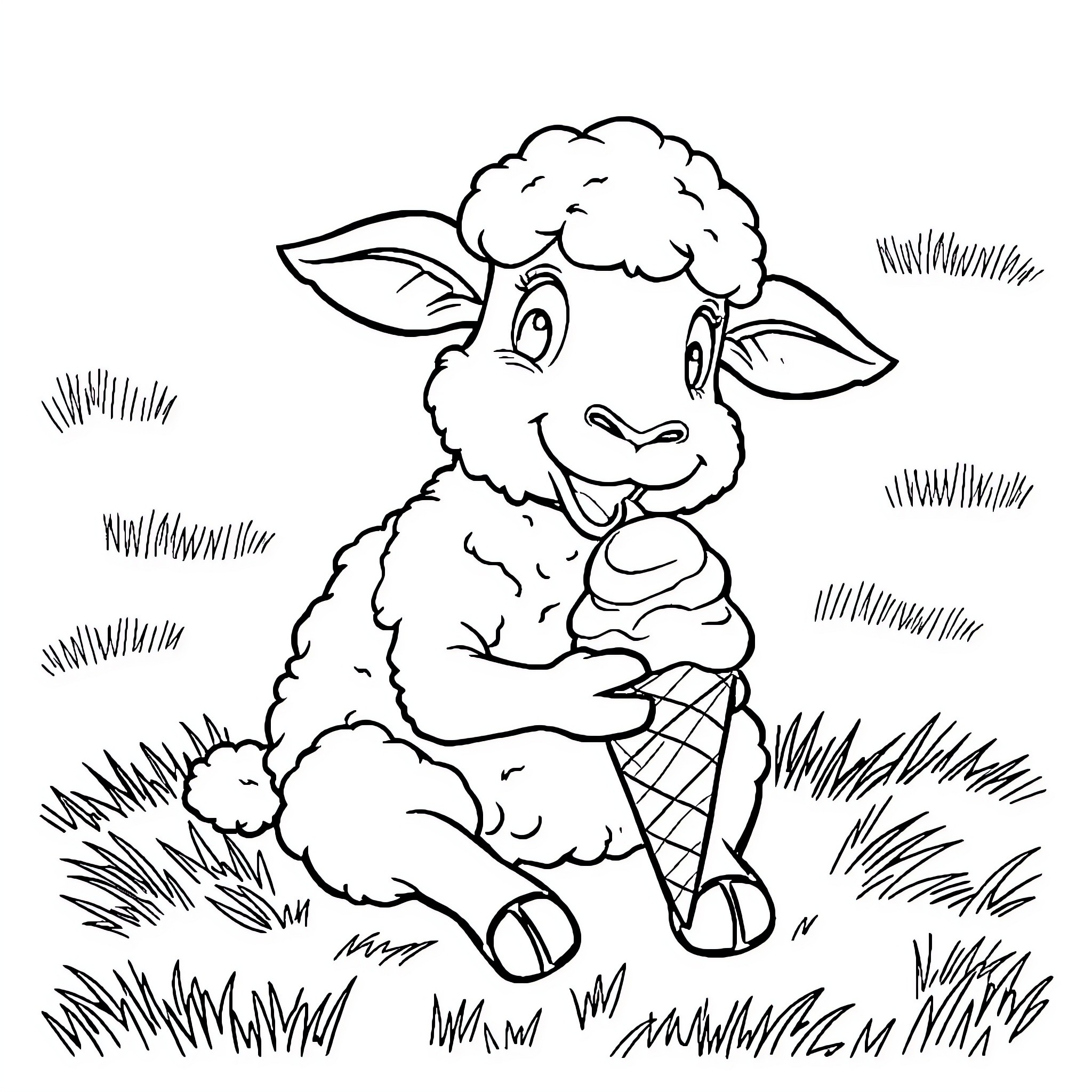 Sheep enjoying an ice cream cone in the meadow Coloring Page (free black-and-white line drawing printable PDF for all, from beginners to advanced learners, including children, teens, adults, and seniors)