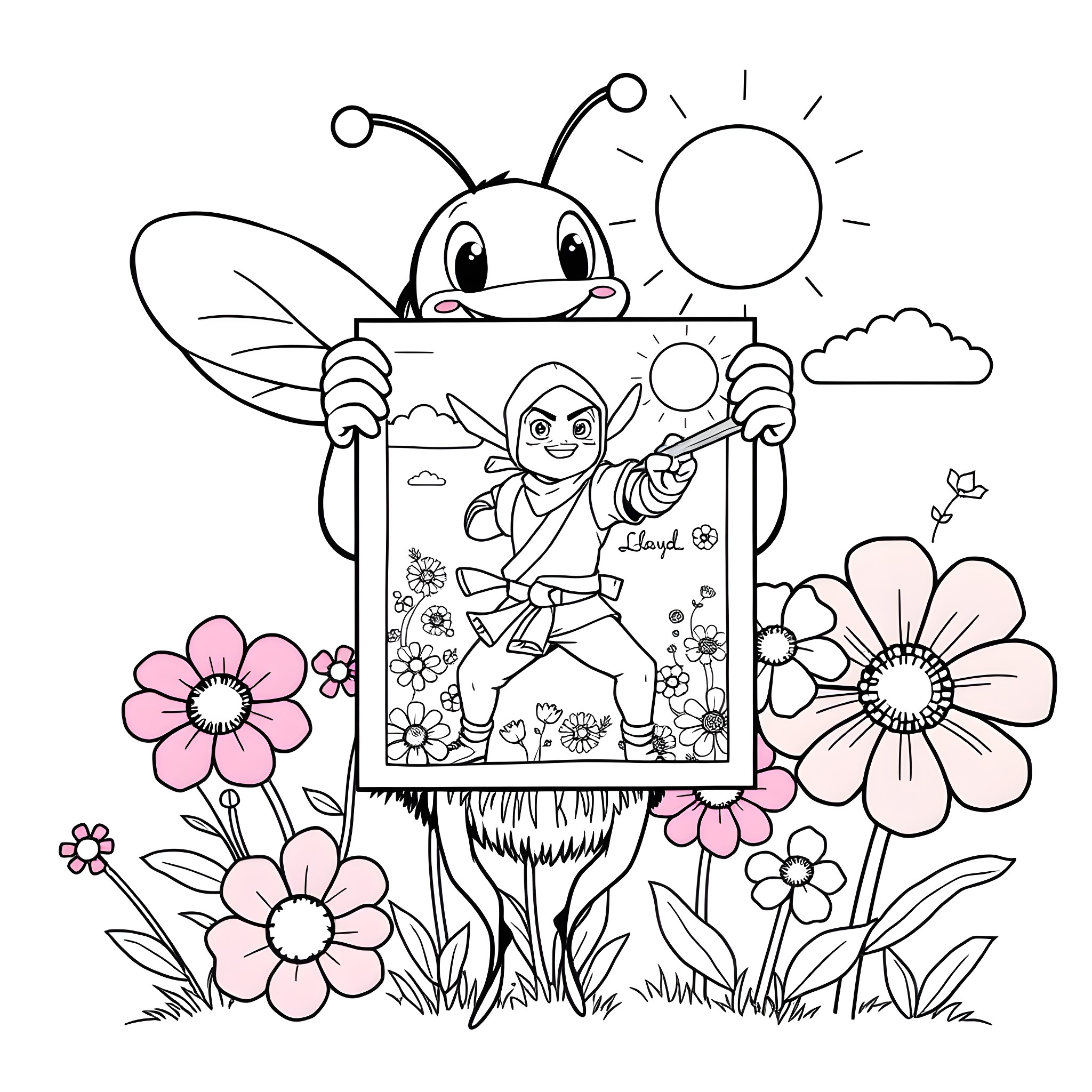 Bee holding a colorful nature painting Coloring Page (free black-and-white line drawing printable PDF for all, from beginners to advanced learners, including children, teens, adults, and seniors)