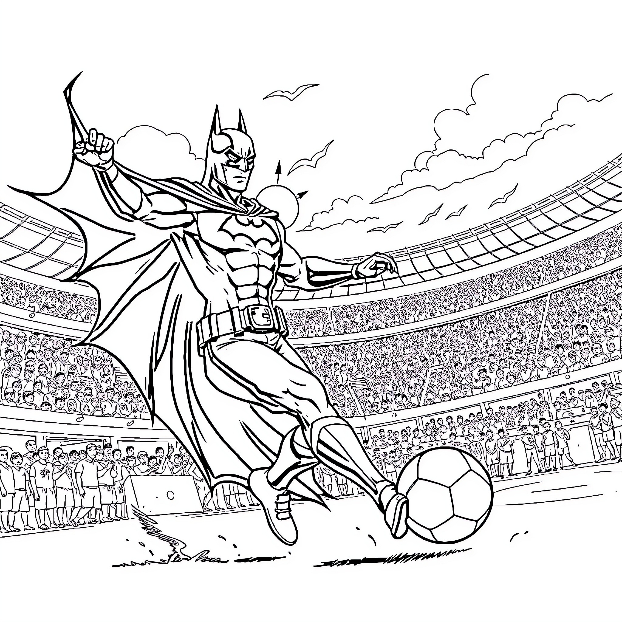 Batman playing soccer in a grand stadium Coloring Page (free black-and-white line drawing printable PDF for all, from beginners to advanced learners, including children, teens, adults, and seniors)