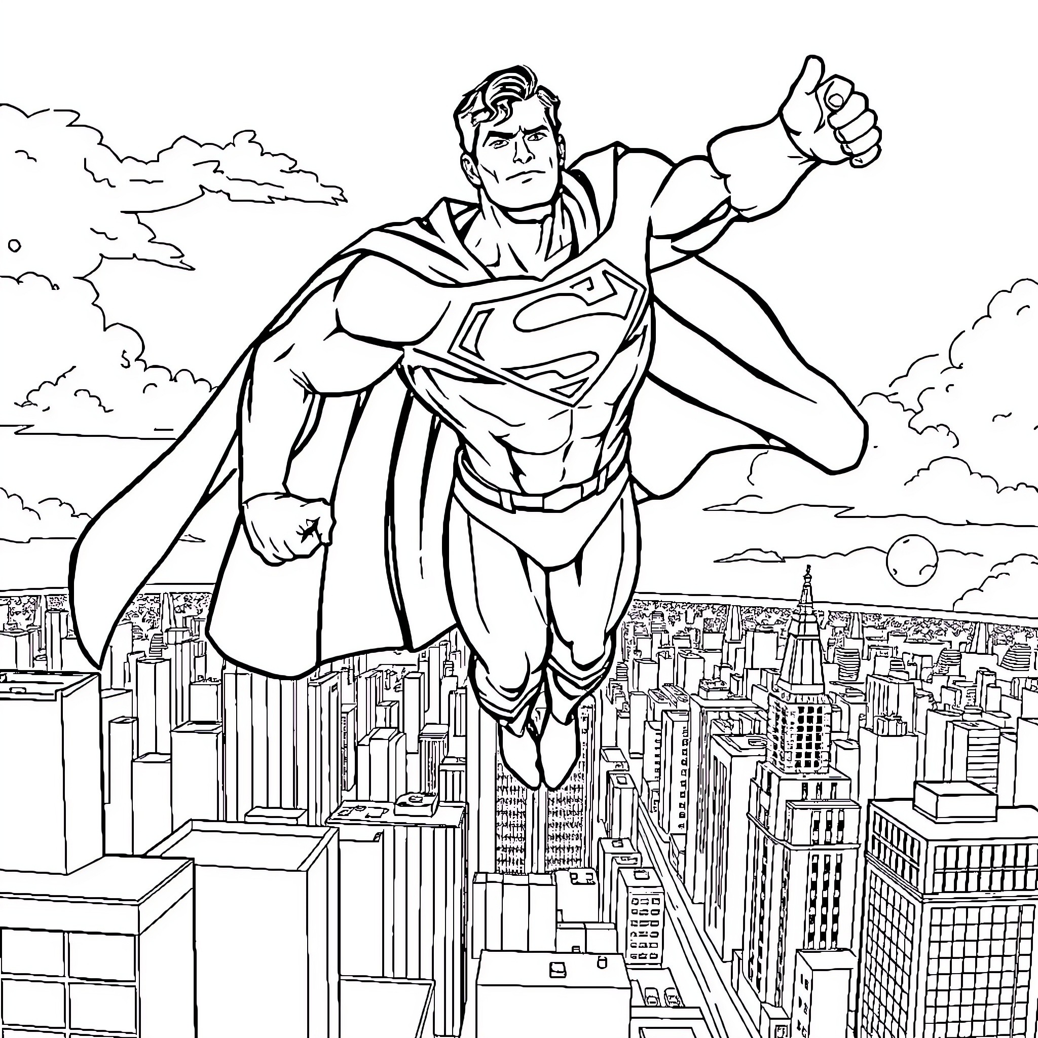 Superman soaring heroically over the city skyline Coloring Page (free black-and-white line drawing printable PDF for all, from beginners to advanced learners, including children, teens, adults, and seniors)