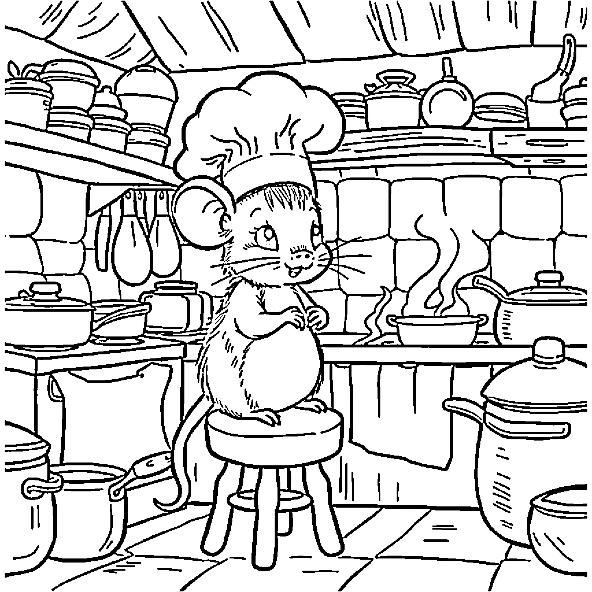Mouse chef cooking in a busy kitchen Coloring Page (free black-and-white line drawing printable PDF for all, from beginners to advanced learners, including children, teens, adults, and seniors)