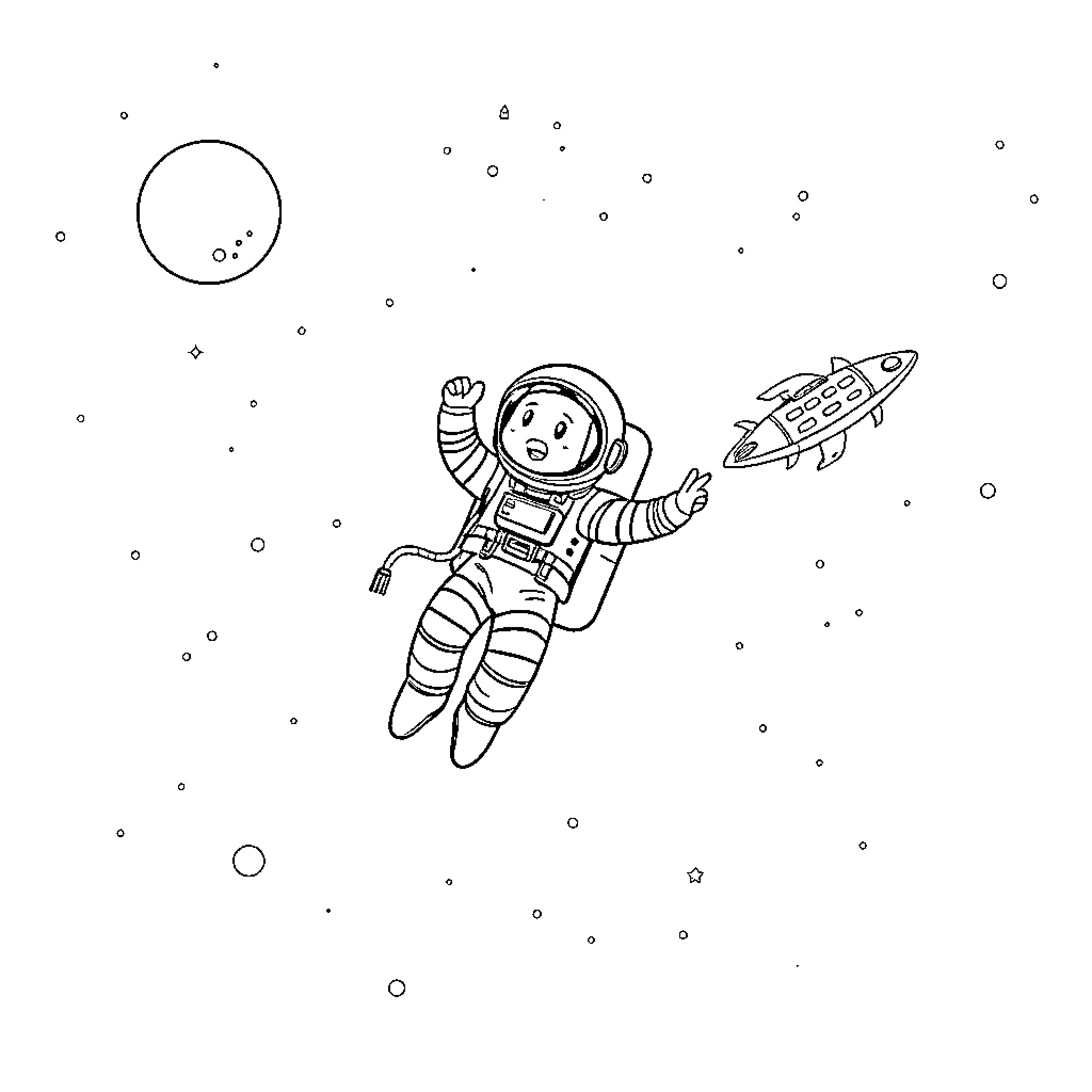 Astronaut floating with toy rocket in space Coloring Page (free black-and-white line drawing printable PDF for all, from beginners to advanced learners, including children, teens, adults, and seniors)