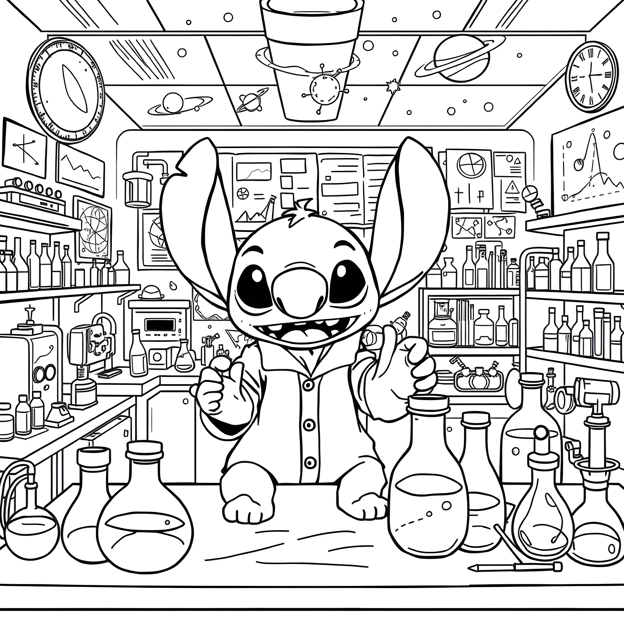 Stitch's Intergalactic Scientific Adventure Coloring Page (free black-and-white line drawing printable PDF for all, from beginners to advanced learners, including children, teens, adults, and seniors)