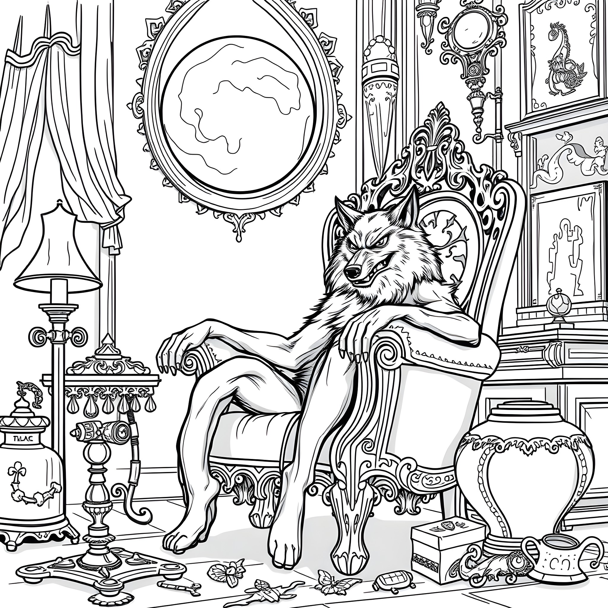 Werewolf on the throne in the mysterious castle Coloring Page (free black-and-white line drawing printable PDF for all, from beginners to advanced learners, including children, teens, adults, and seniors)