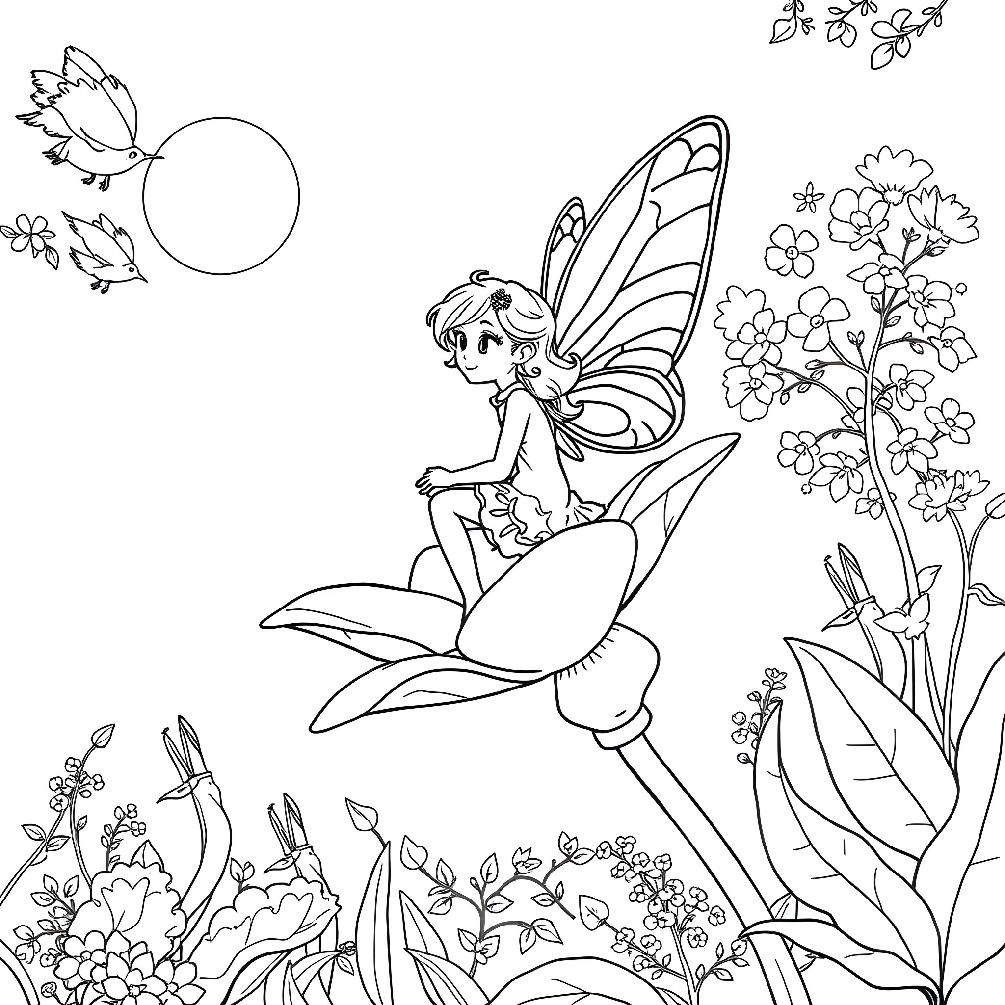 Thumbelina's Magical Fairy Garden Adventure Coloring Page (free black-and-white line drawing printable PDF for all, from beginners to advanced learners, including children, teens, adults, and seniors)