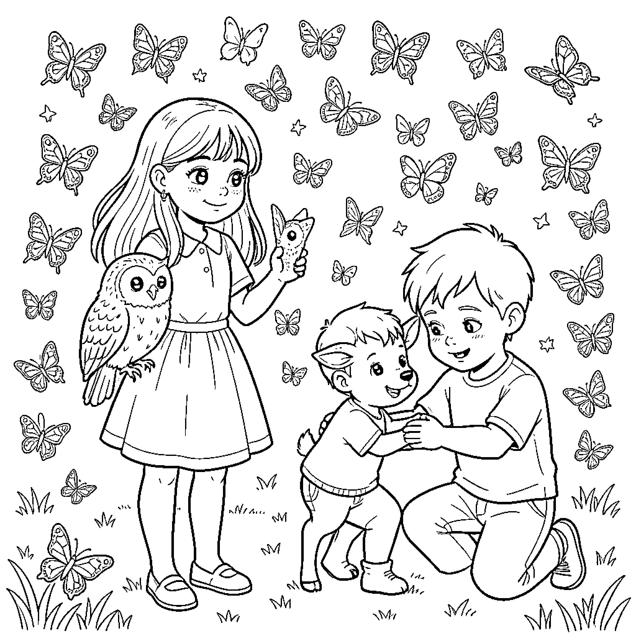 Child playing with an owl and small animals Coloring Page (free black-and-white line drawing printable PDF for all, from beginners to advanced learners, including children, teens, adults, and seniors)
