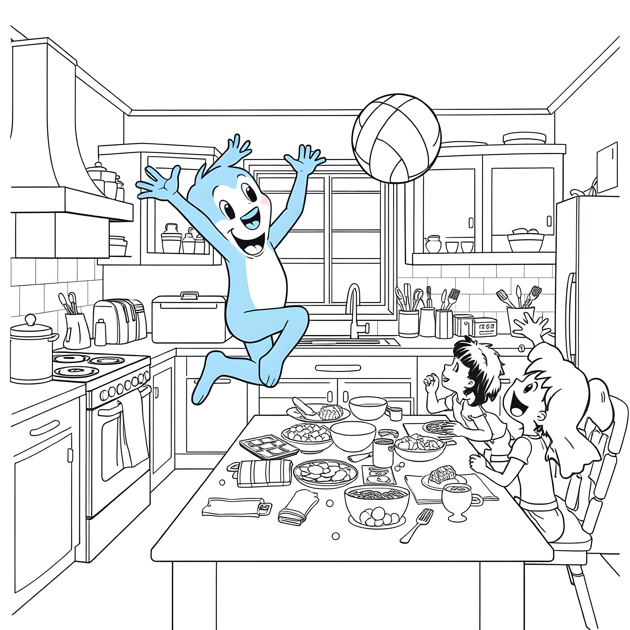 Bluey playing joyfully with family in the kitchen Coloring Page (free black-and-white line drawing printable PDF for all, from beginners to advanced learners, including children, teens, adults, and seniors)