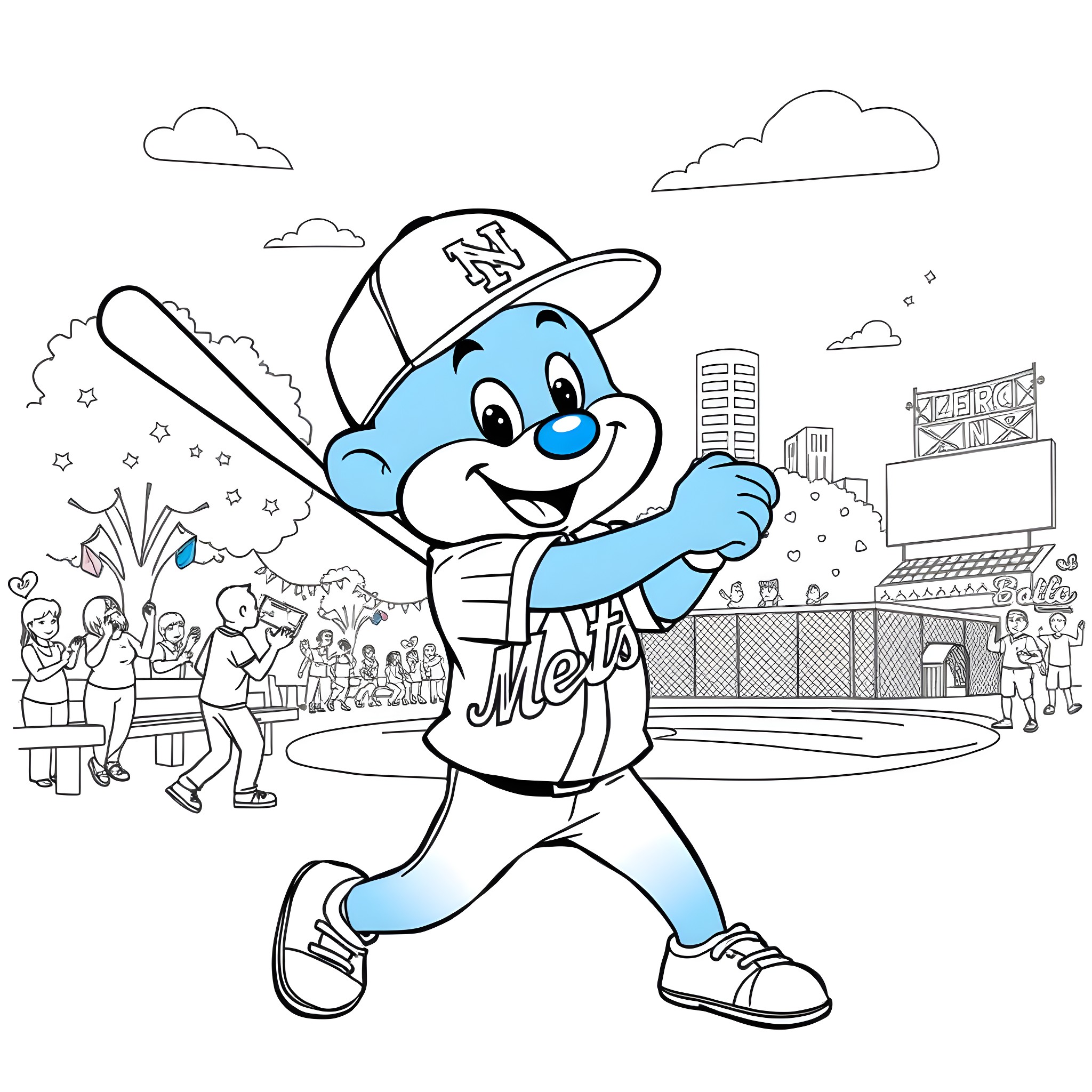 Bluey, the Mets mascot, celebrating at the baseball stadium Coloring Page (free black-and-white line drawing printable PDF for all, from beginners to advanced learners, including children, teens, adults, and seniors)