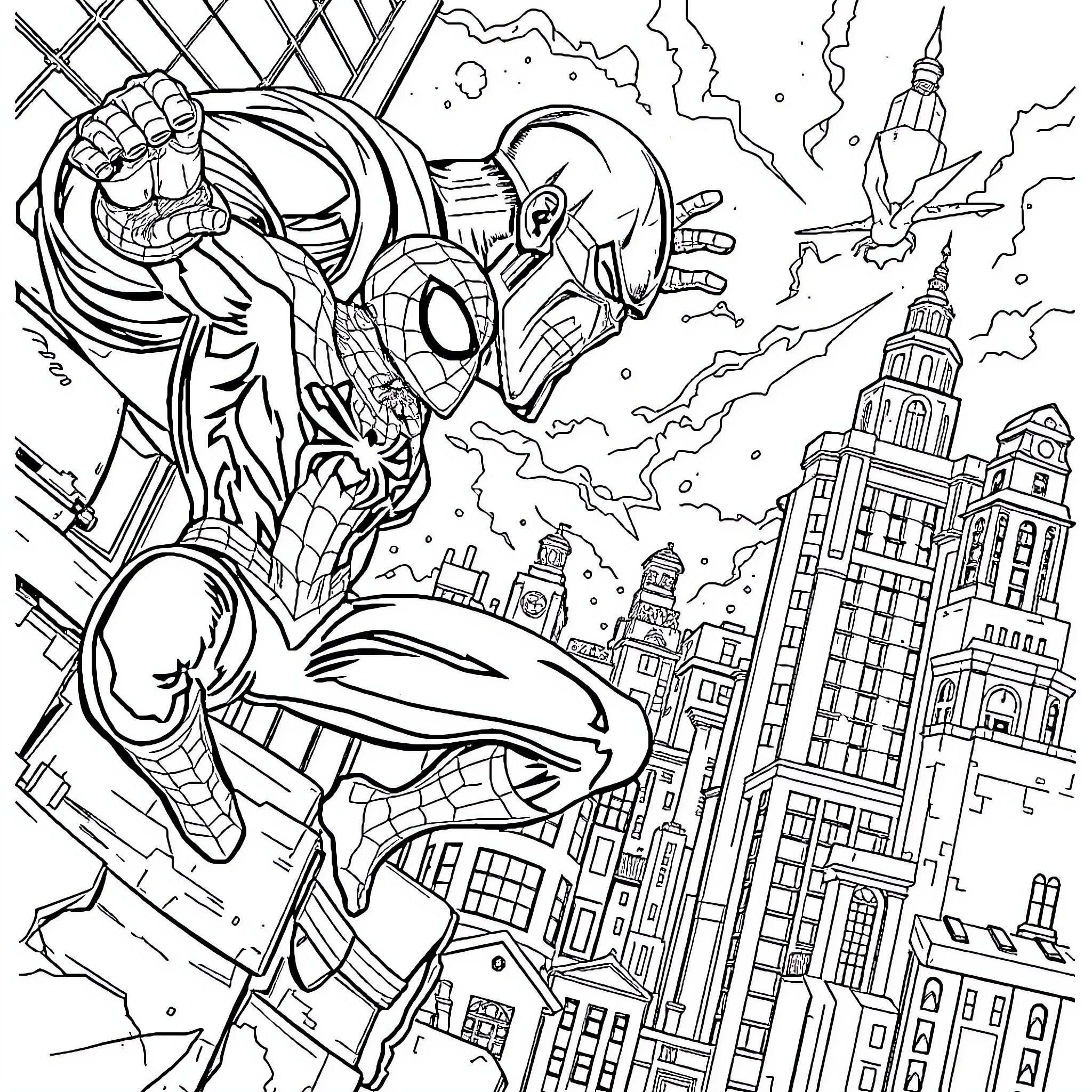 Spiderman Swinging Through the City Coloring Page (free black-and-white line drawing printable PDF for all, from beginners to advanced learners, including children, teens, adults, and seniors)