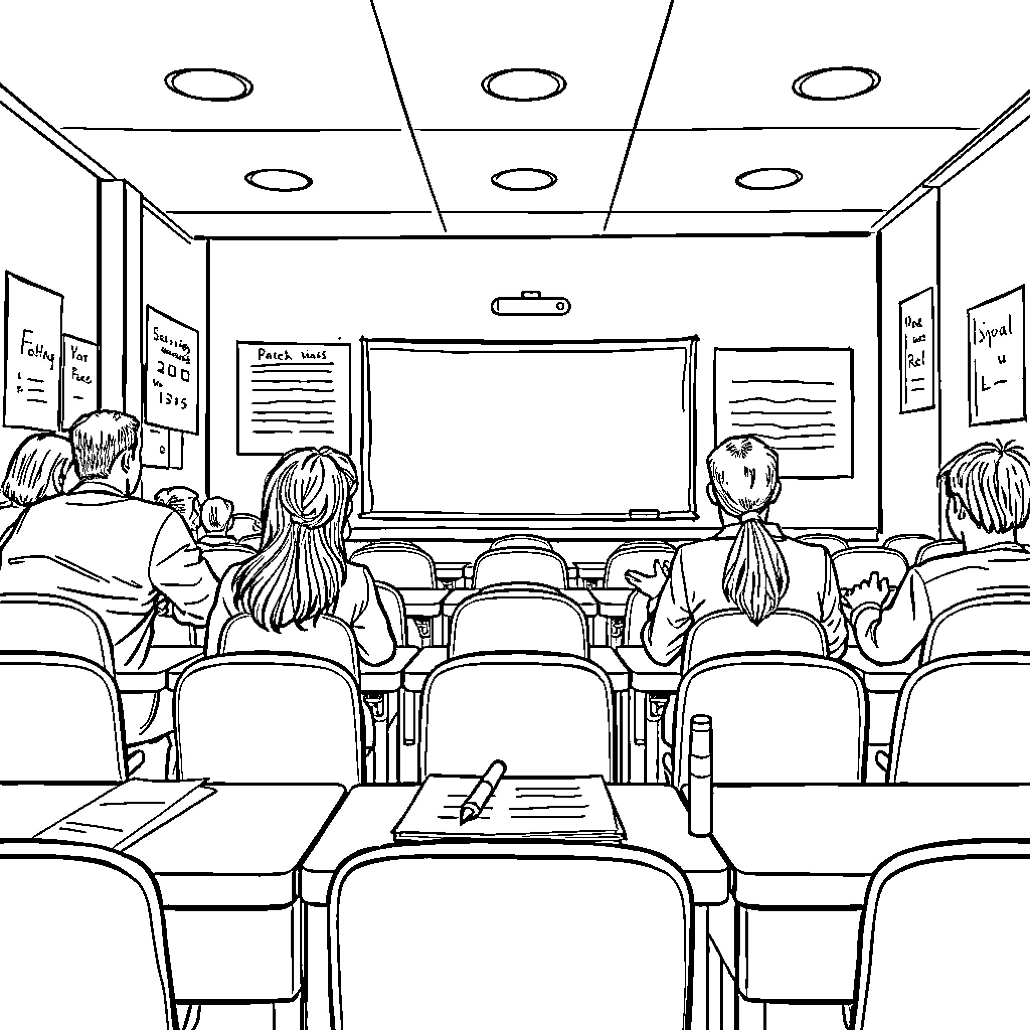 Classroom Scene with Students and Teacher Coloring Page (free black-and-white line drawing printable PDF for all, from beginners to advanced learners, including children, teens, adults, and seniors)