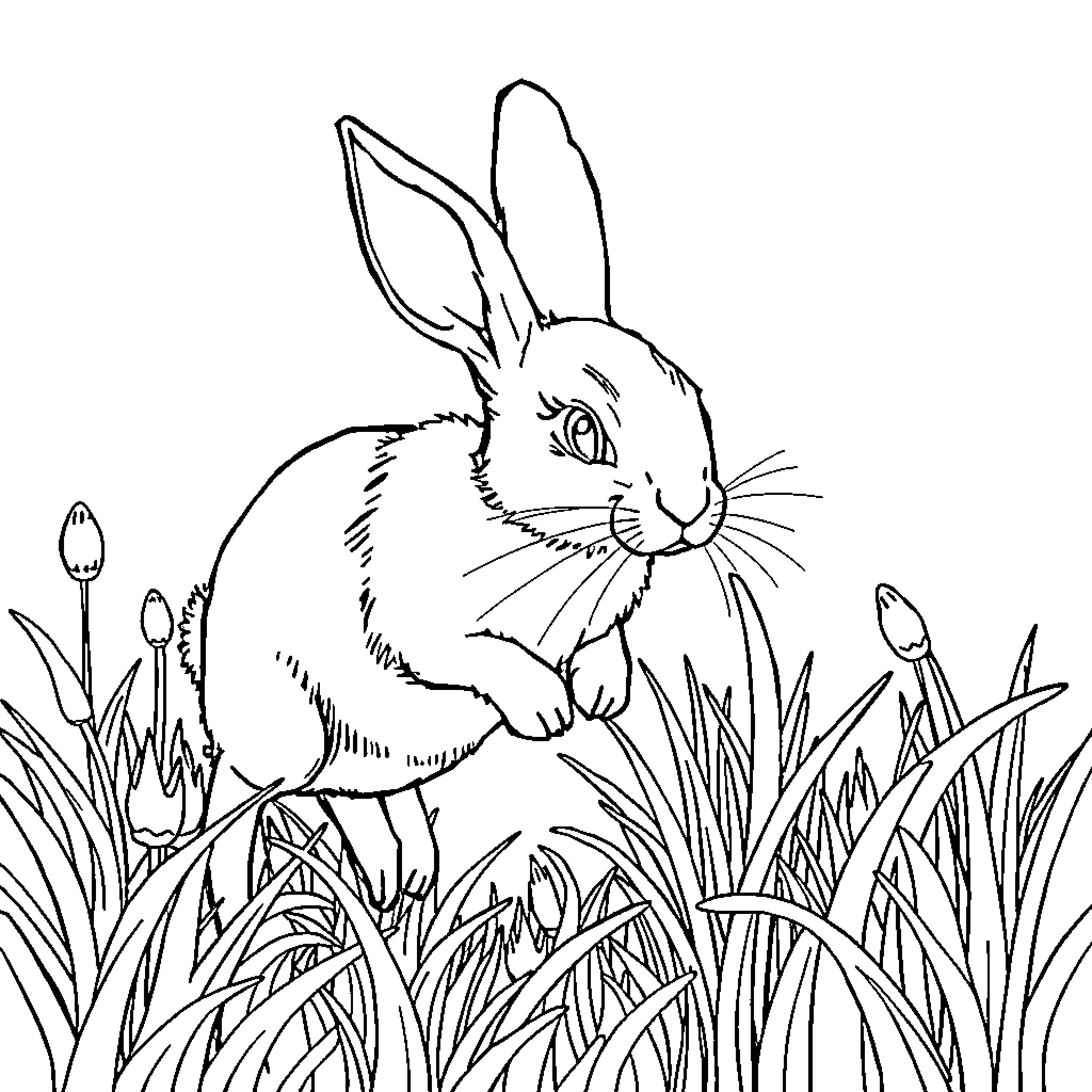 Rabbit exploring the garden Coloring Page (free black-and-white line drawing printable PDF for all, from beginners to advanced learners, including children, teens, adults, and seniors)