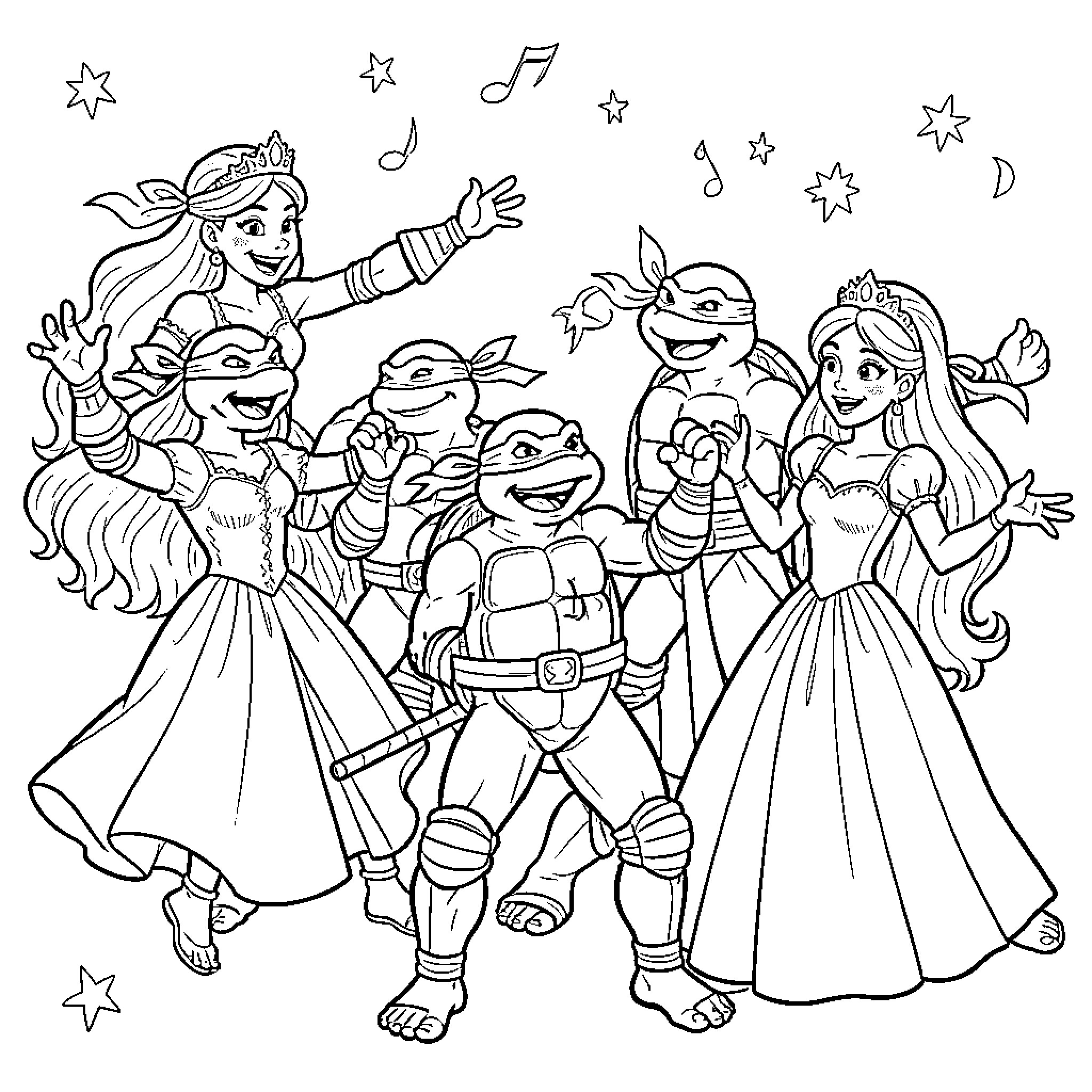 Ninja Turtle Princesses Celebrate with Music and Dance Coloring Page (free black-and-white line drawing printable PDF for all, from beginners to advanced learners, including children, teens, adults, and seniors)