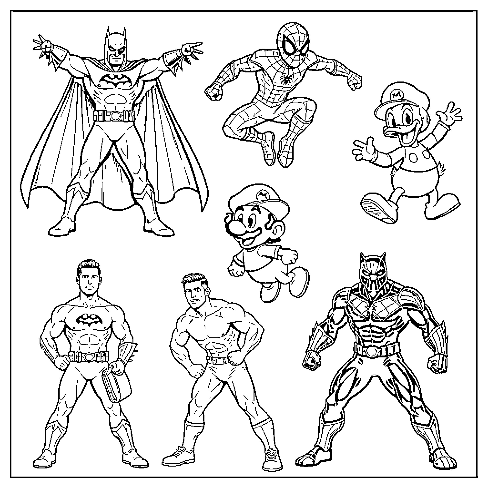 Superhero Characters in Action and Outfits Coloring Page (free black-and-white line drawing printable PDF for all, from beginners to advanced learners, including children, teens, adults, and seniors)