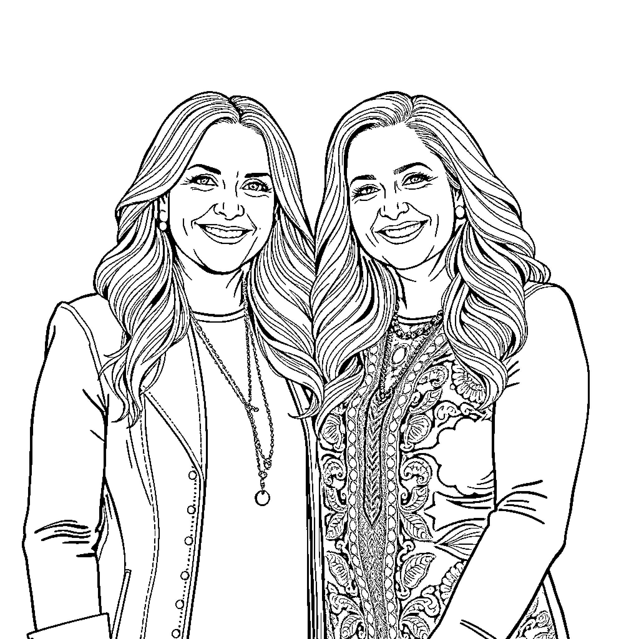 Judds sisters sharing a cheerful moment Coloring Page (free black-and-white line drawing printable PDF for all, from beginners to advanced learners, including children, teens, adults, and seniors)