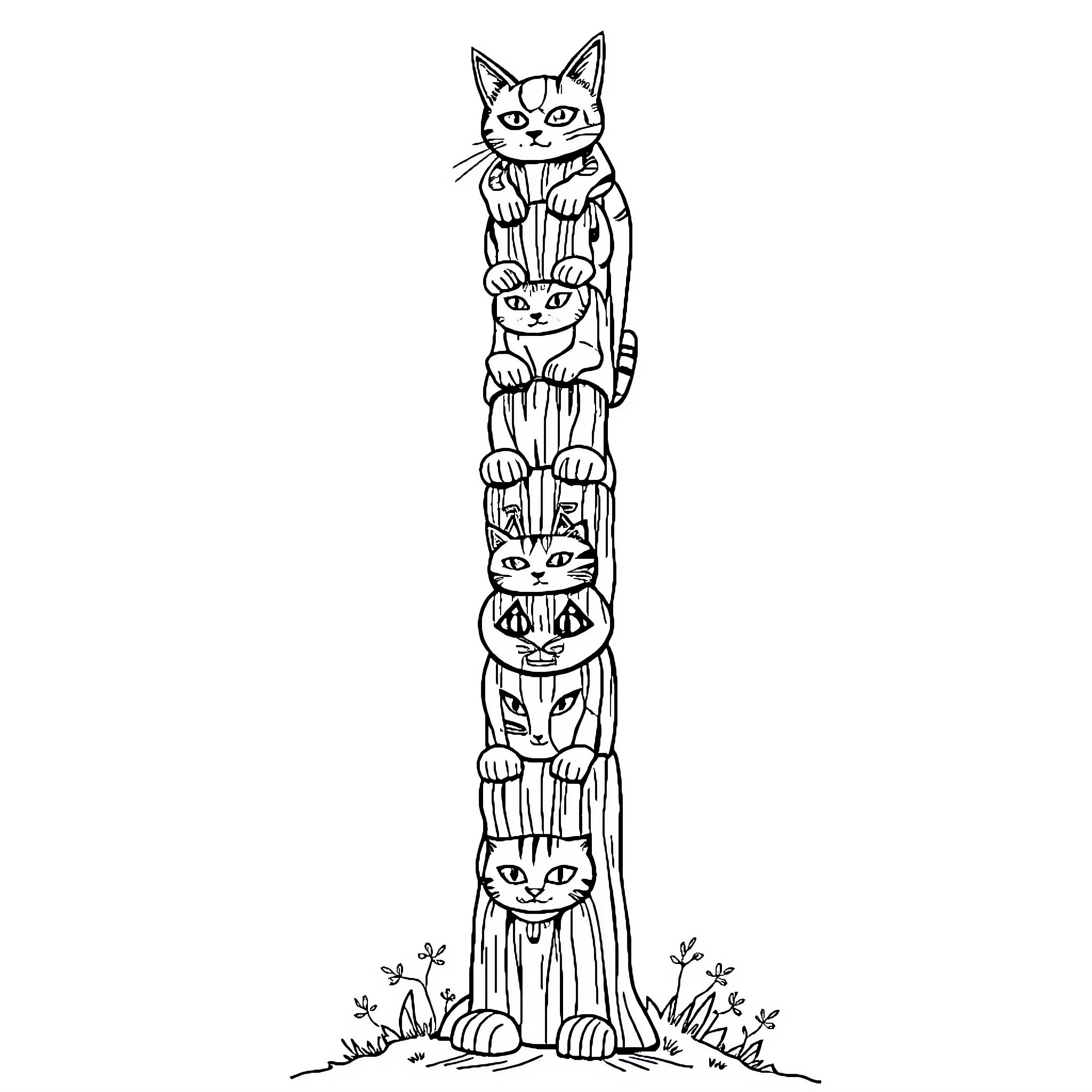 Cat Totem Pole with Curious Feline Faces Coloring Page (free black-and-white line drawing printable PDF for all, from beginners to advanced learners, including children, teens, adults, and seniors)