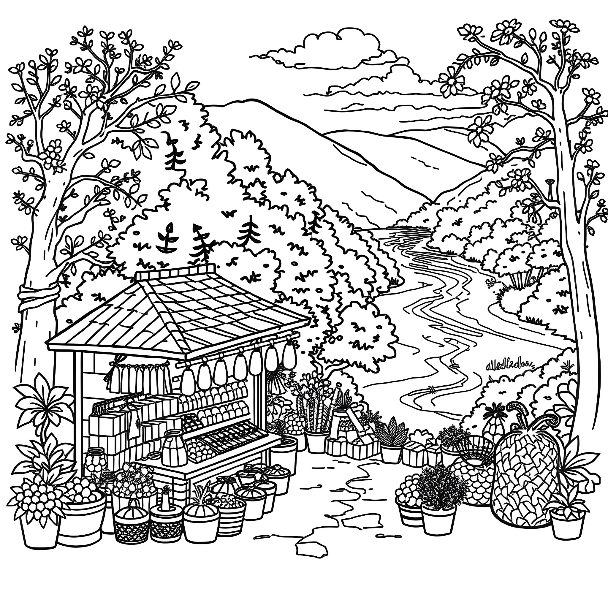 Market in a Scenic Mountain Landscape Coloring Page (free black-and-white line drawing printable PDF for all, from beginners to advanced learners, including children, teens, adults, and seniors)