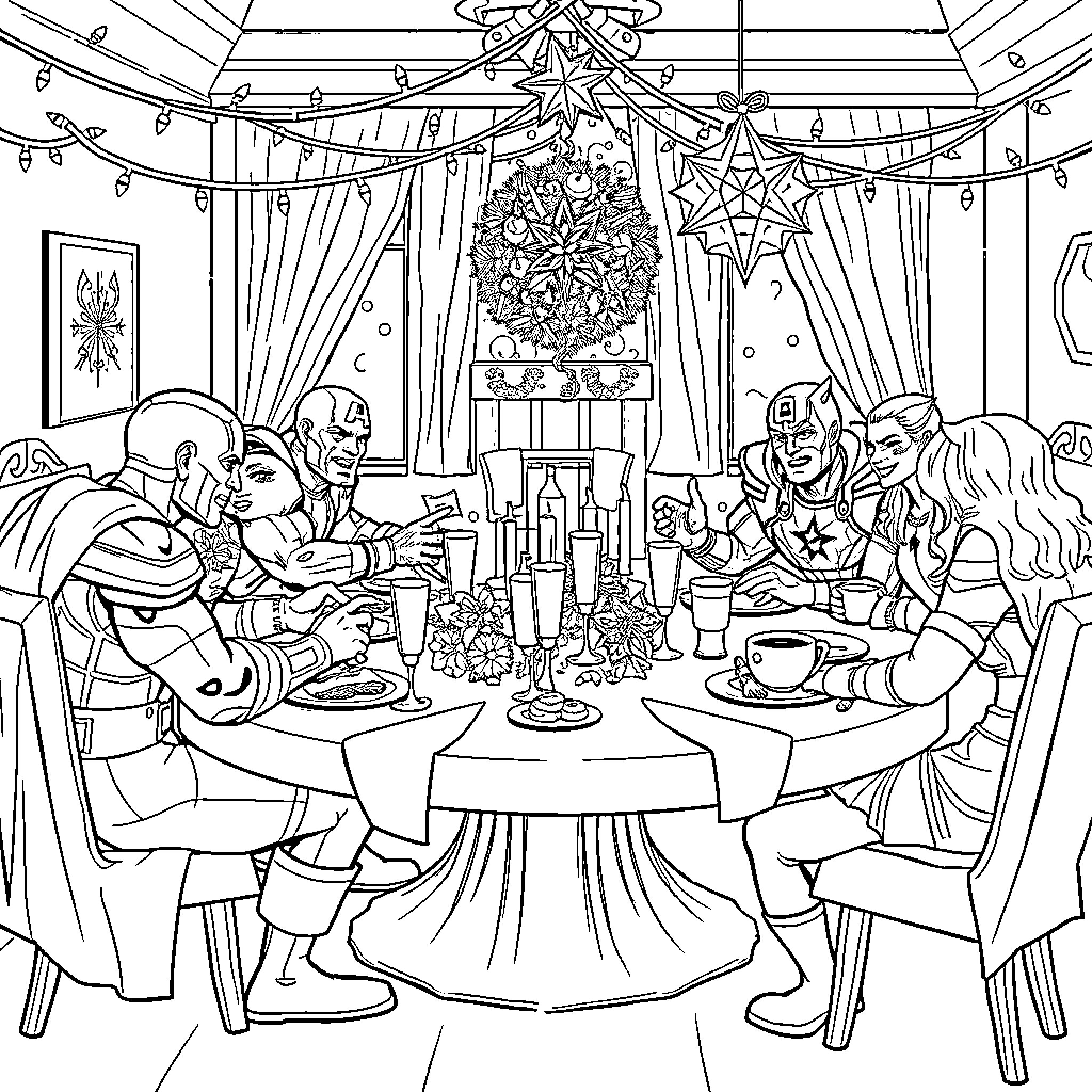 Avengers Gathered for Holiday Festivities Coloring Page (free black-and-white line drawing printable PDF for all, from beginners to advanced learners, including children, teens, adults, and seniors)