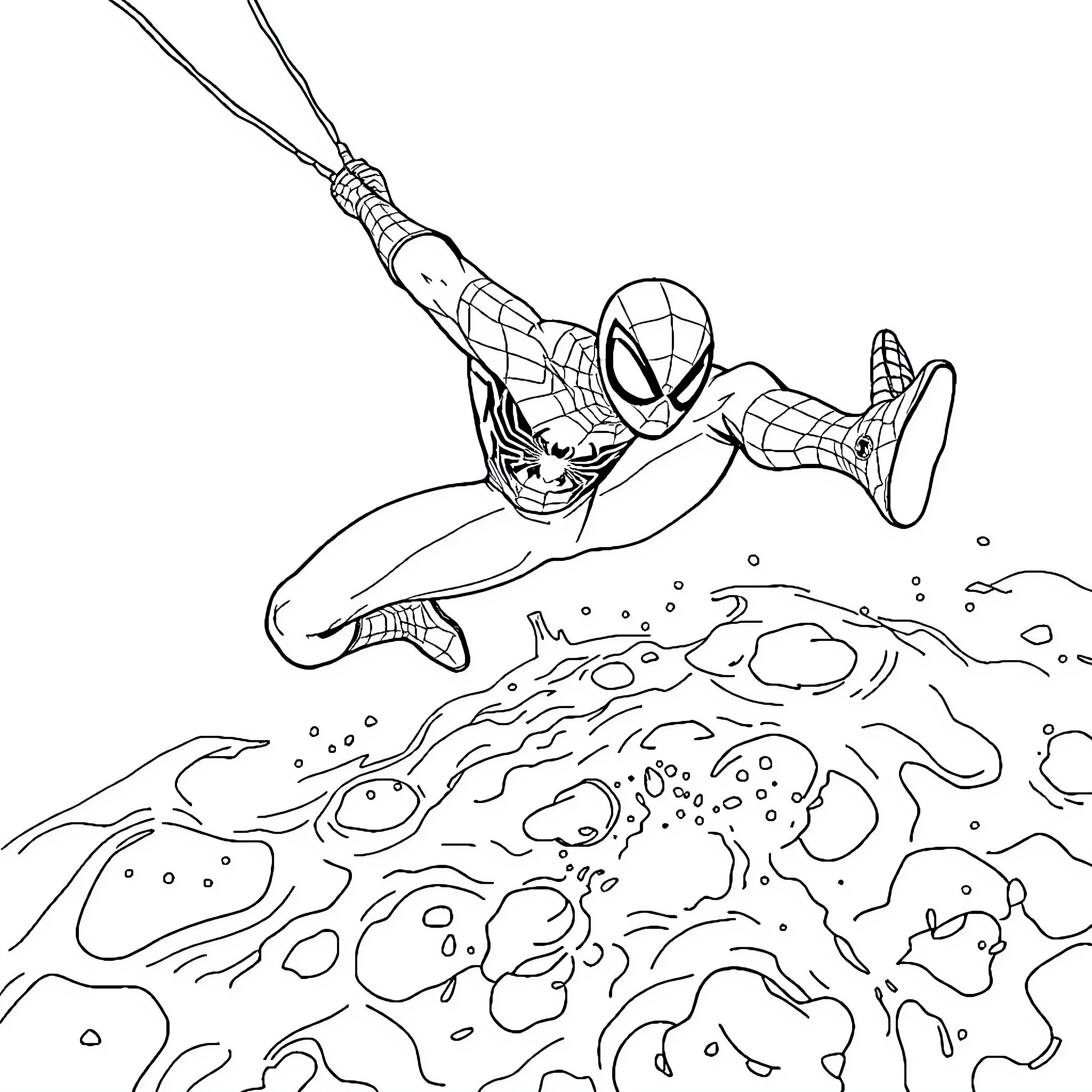 Spiderman swinging through the city Coloring Page (free black-and-white line drawing printable PDF for all, from beginners to advanced learners, including children, teens, adults, and seniors)