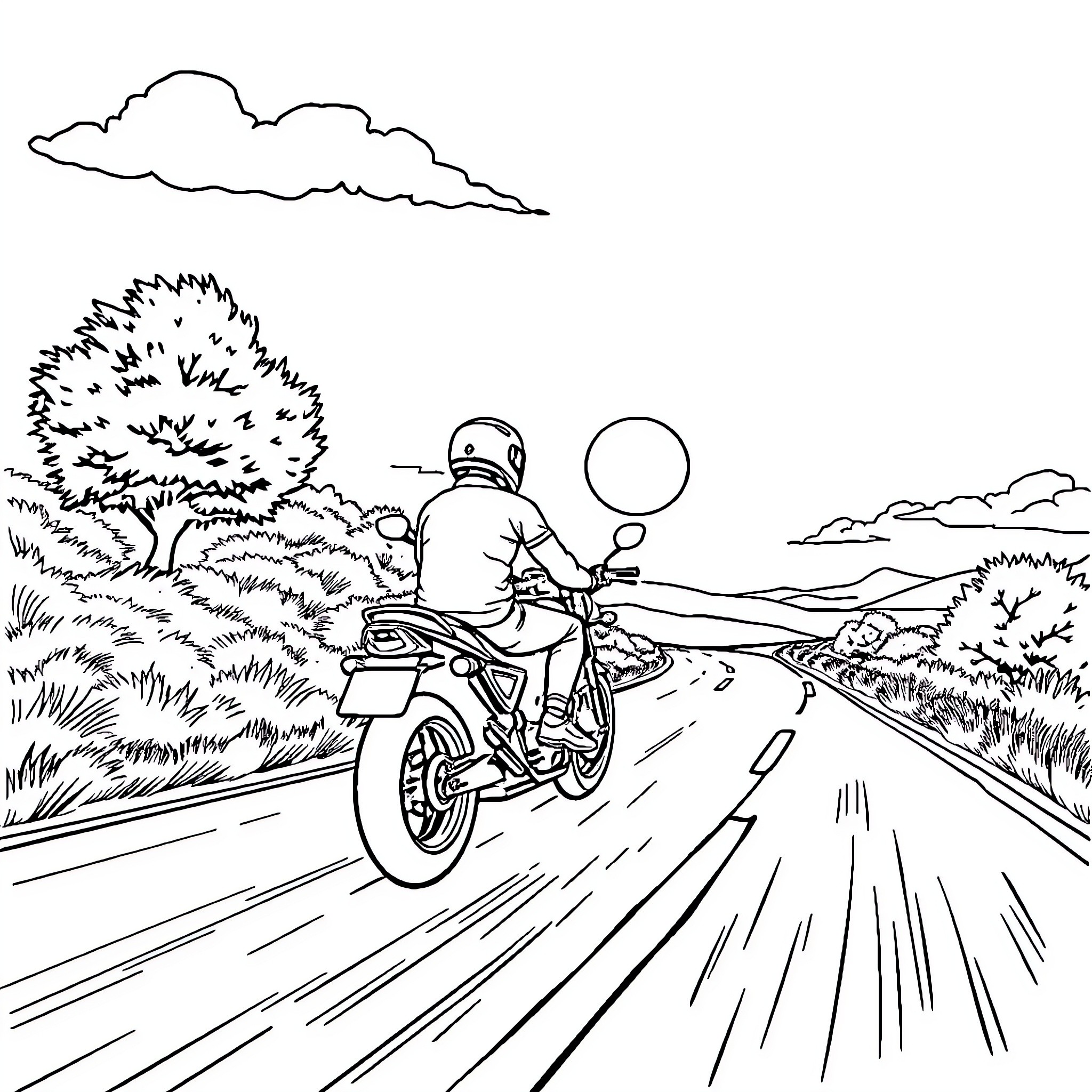 Motorcycle riding through scenic countryside Coloring Page (free black-and-white line drawing printable PDF for all, from beginners to advanced learners, including children, teens, adults, and seniors)