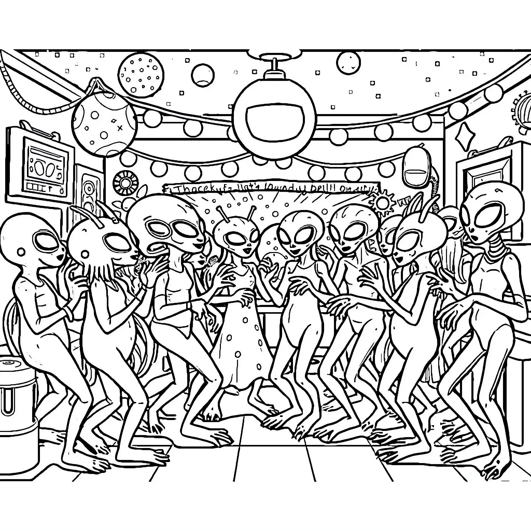 Alien creatures dancing at a cosmic party Coloring Page (free black-and-white line drawing printable PDF for all, from beginners to advanced learners, including children, teens, adults, and seniors)