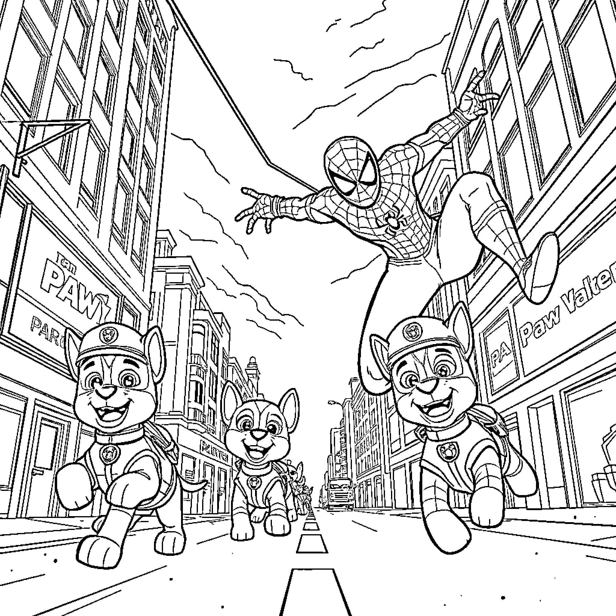 Spiderman swinging through the city with Paw Patrol pups Coloring Page (free black-and-white line drawing printable PDF for all, from beginners to advanced learners, including children, teens, adults, and seniors)