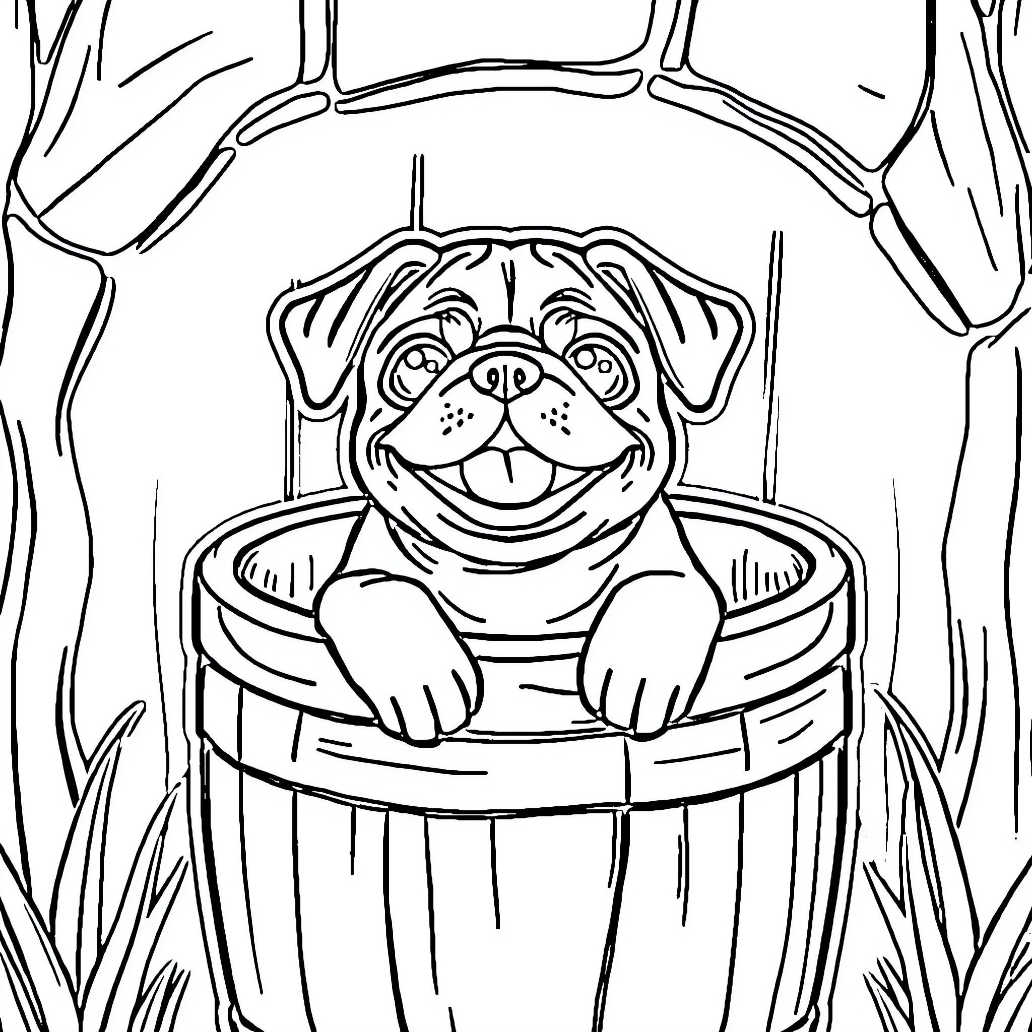 Pug peeking out of a wooden barrel Coloring Page (free black-and-white line drawing printable PDF for all, from beginners to advanced learners, including children, teens, adults, and seniors)