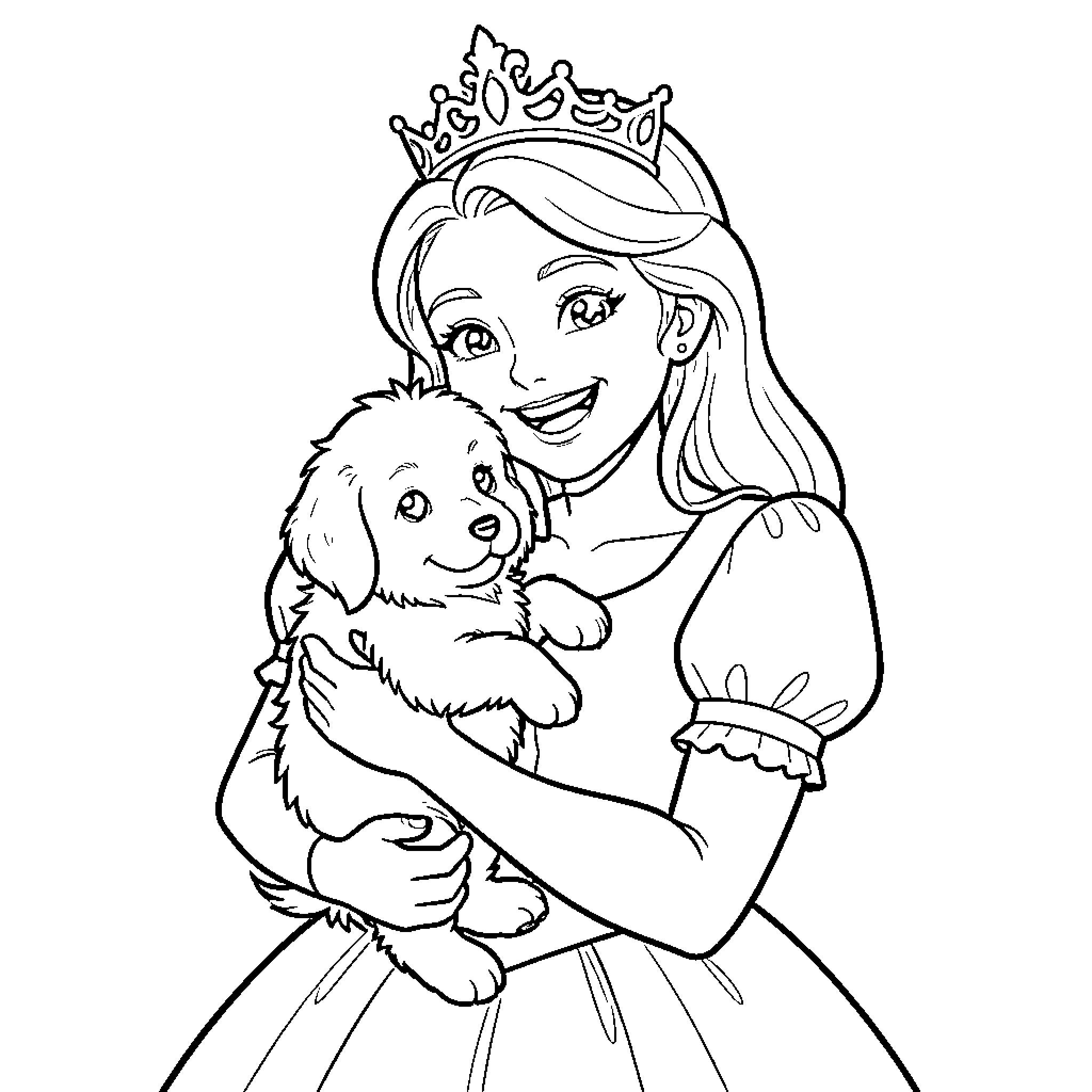 Princess Holding Cute Puppy in Royal Attire Coloring Page (free black-and-white line drawing printable PDF for all, from beginners to advanced learners, including children, teens, adults, and seniors)