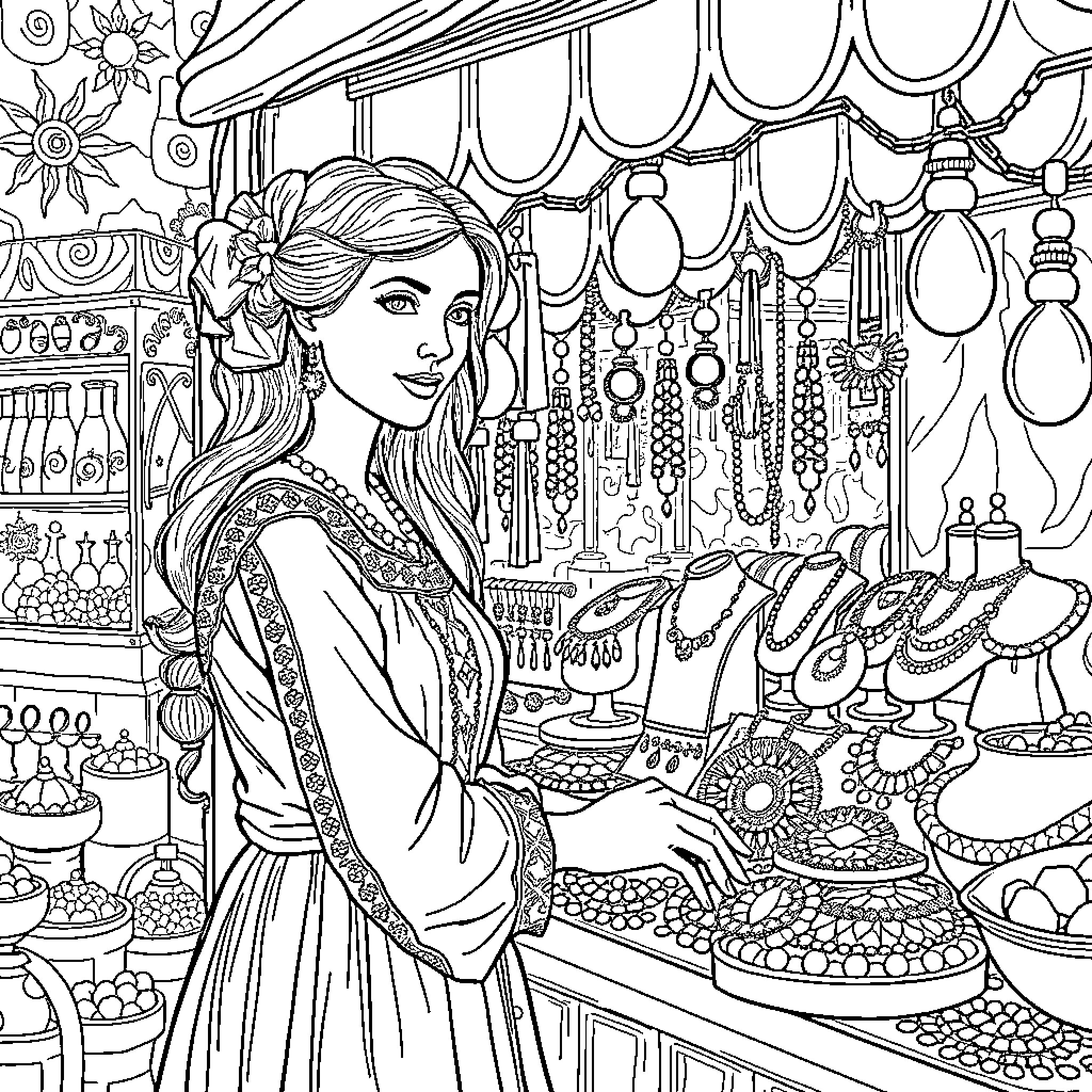 Antoaneta's Enchanting Jewelry Shop Coloring Page (free black-and-white line drawing printable PDF for all, from beginners to advanced learners, including children, teens, adults, and seniors)