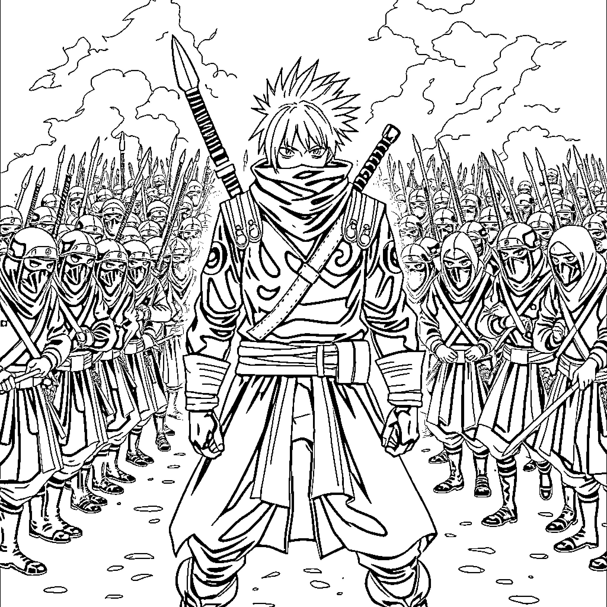 Minato leading a warrior army into battle Coloring Page (free black-and-white line drawing printable PDF for all, from beginners to advanced learners, including children, teens, adults, and seniors)