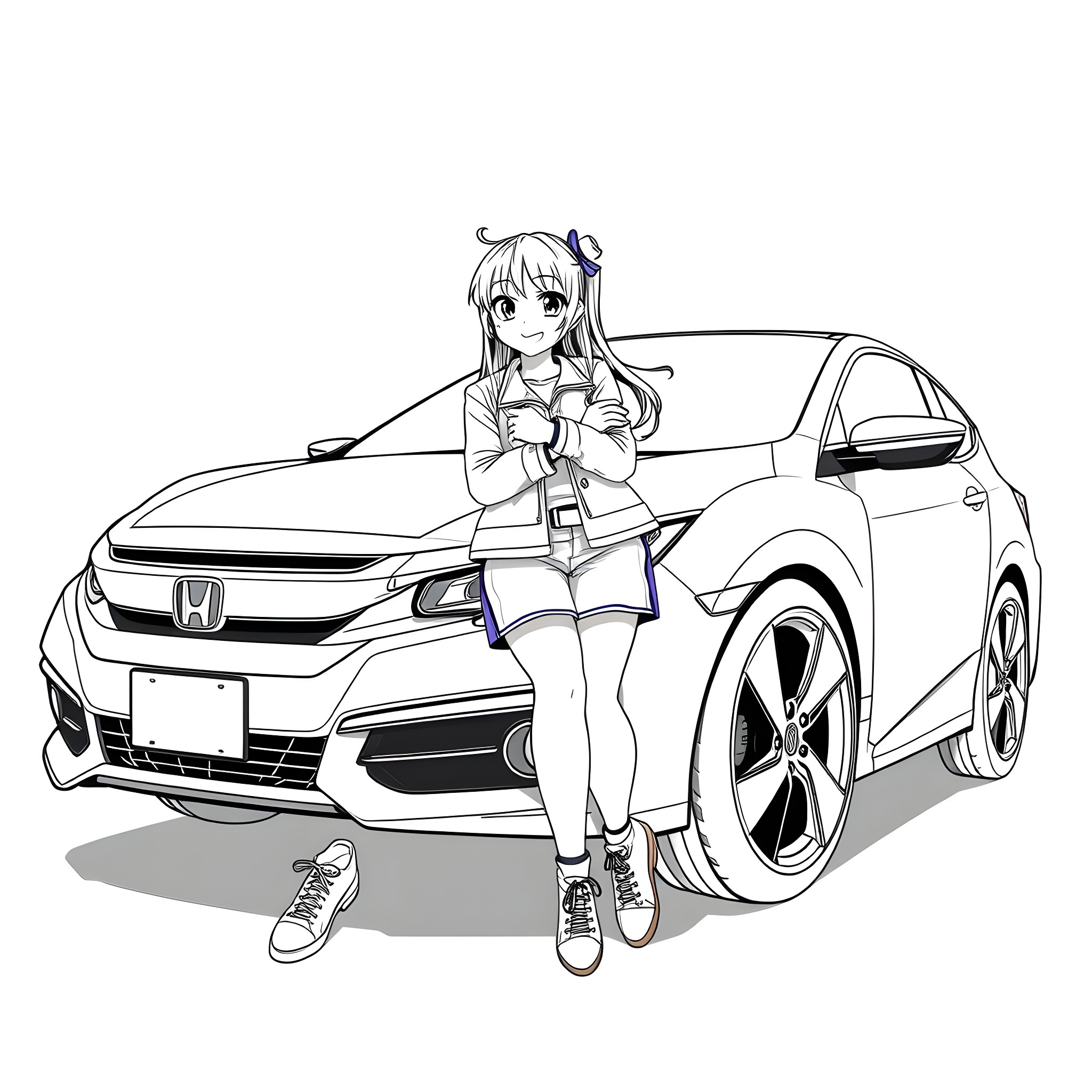 Kuromi posing next to a stylish car Coloring Page (free black-and-white line drawing printable PDF for all, from beginners to advanced learners, including children, teens, adults, and seniors)