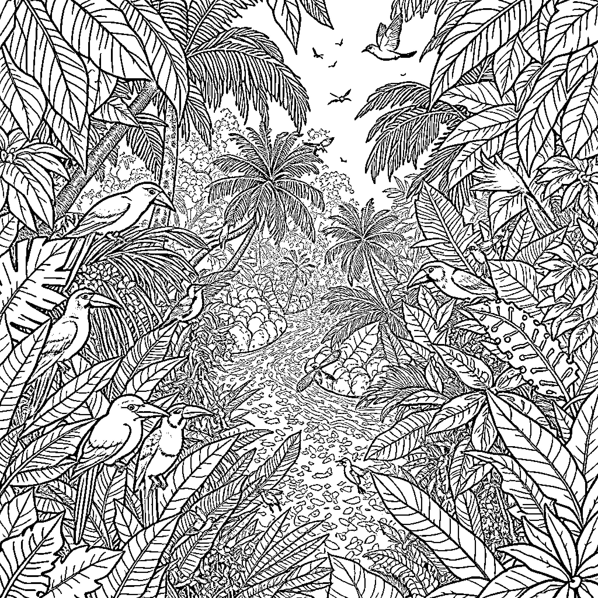 Forest filled with lush tropical foliage and wildlife Coloring Page (free black-and-white line drawing printable PDF for all, from beginners to advanced learners, including children, teens, adults, and seniors)