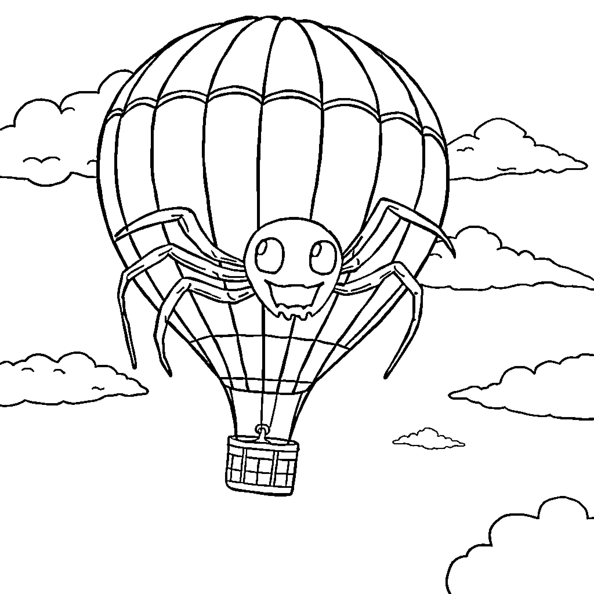 Ghost Spider soaring in hot air balloon Coloring Page (free black-and-white line drawing printable PDF for all, from beginners to advanced learners, including children, teens, adults, and seniors)