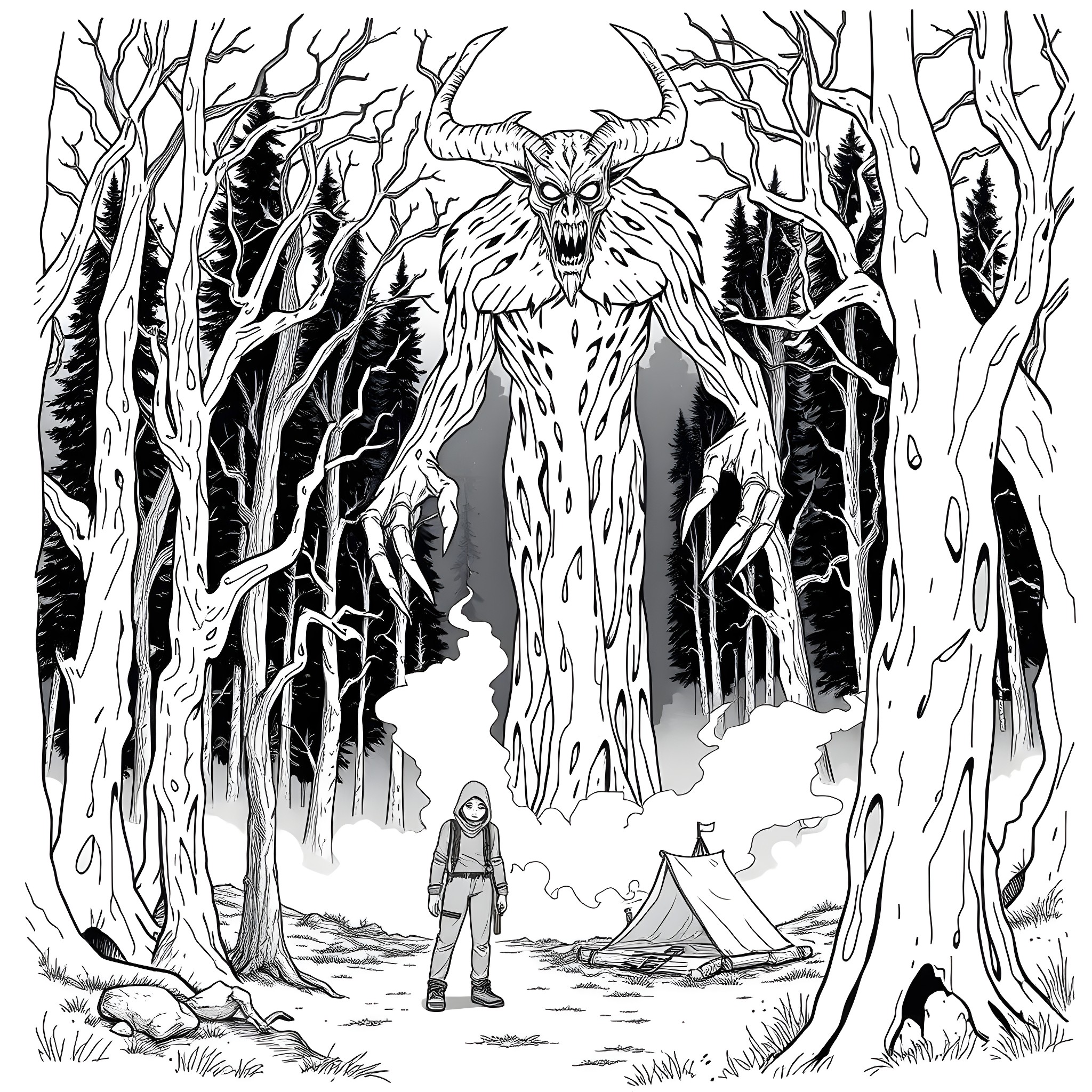 Camper encounters a terrifying forest creature Coloring Page (free black-and-white line drawing printable PDF for all, from beginners to advanced learners, including children, teens, adults, and seniors)