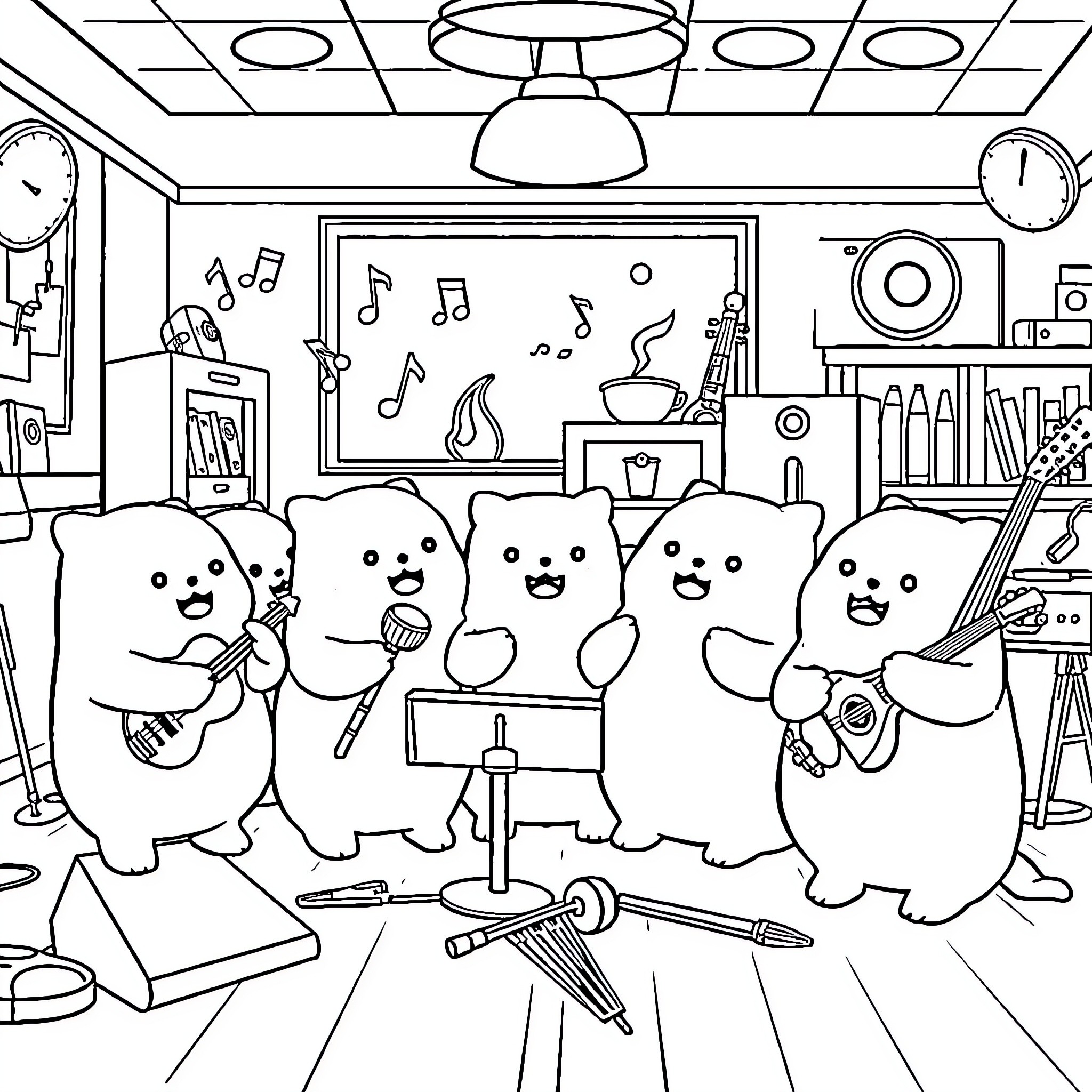 Squishmallows having a music jam session Coloring Page (free black-and-white line drawing printable PDF for all, from beginners to advanced learners, including children, teens, adults, and seniors)