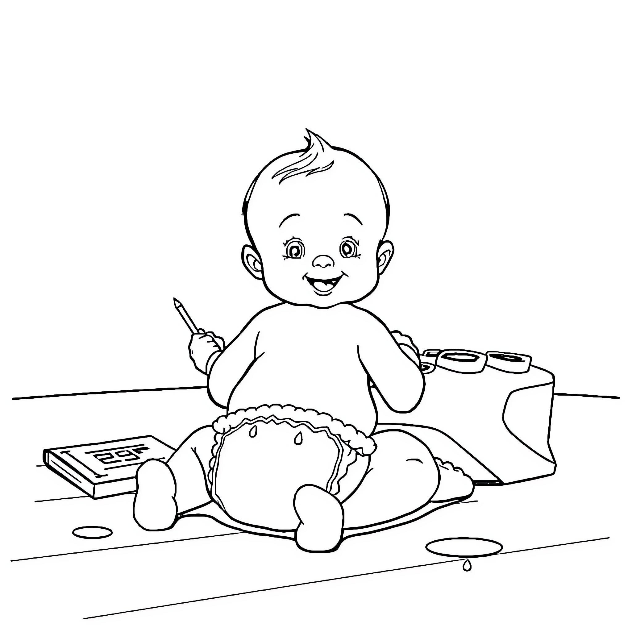 Baby playing happily with toys Coloring Page (free black-and-white line drawing printable PDF for all, from beginners to advanced learners, including children, teens, adults, and seniors)