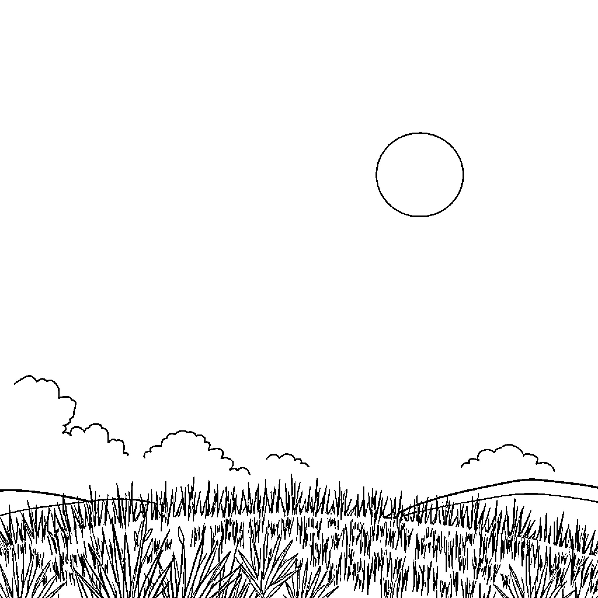 World of Grassy Landscape and Cloudy Sky Coloring Page (free black-and-white line drawing printable PDF for all, from beginners to advanced learners, including children, teens, adults, and seniors)