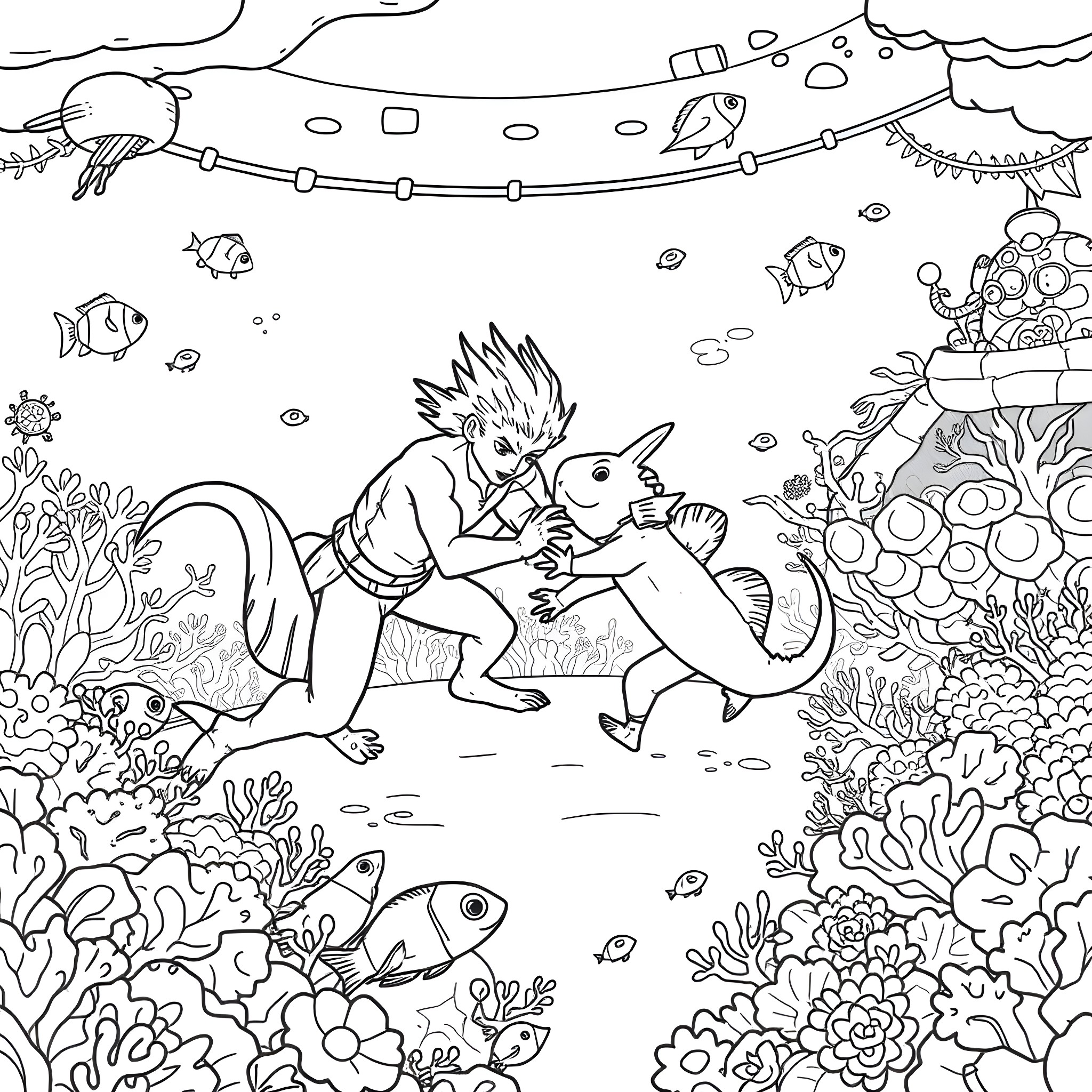 Axolotl interacting with aquatic creatures in an underwater world Coloring Page (free black-and-white line drawing printable PDF for all, from beginners to advanced learners, including children, teens, adults, and seniors)
