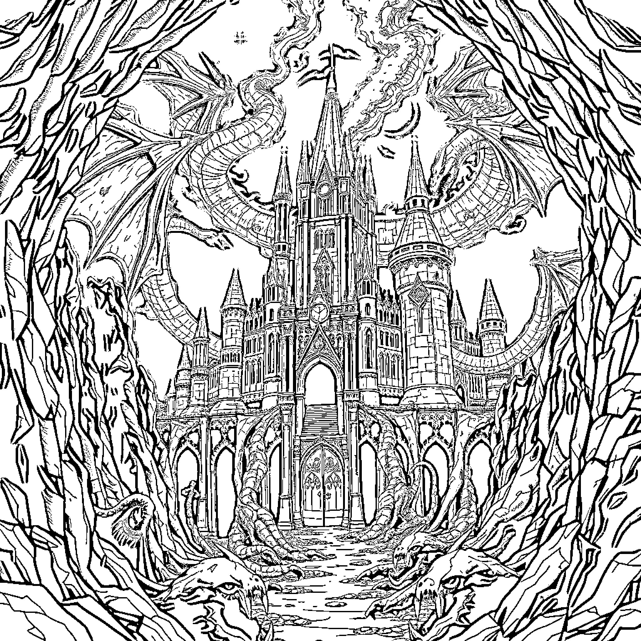 Castle of Fantasy Creatures and Enchanting Towers Coloring Page (free black-and-white line drawing printable PDF for all, from beginners to advanced learners, including children, teens, adults, and seniors)