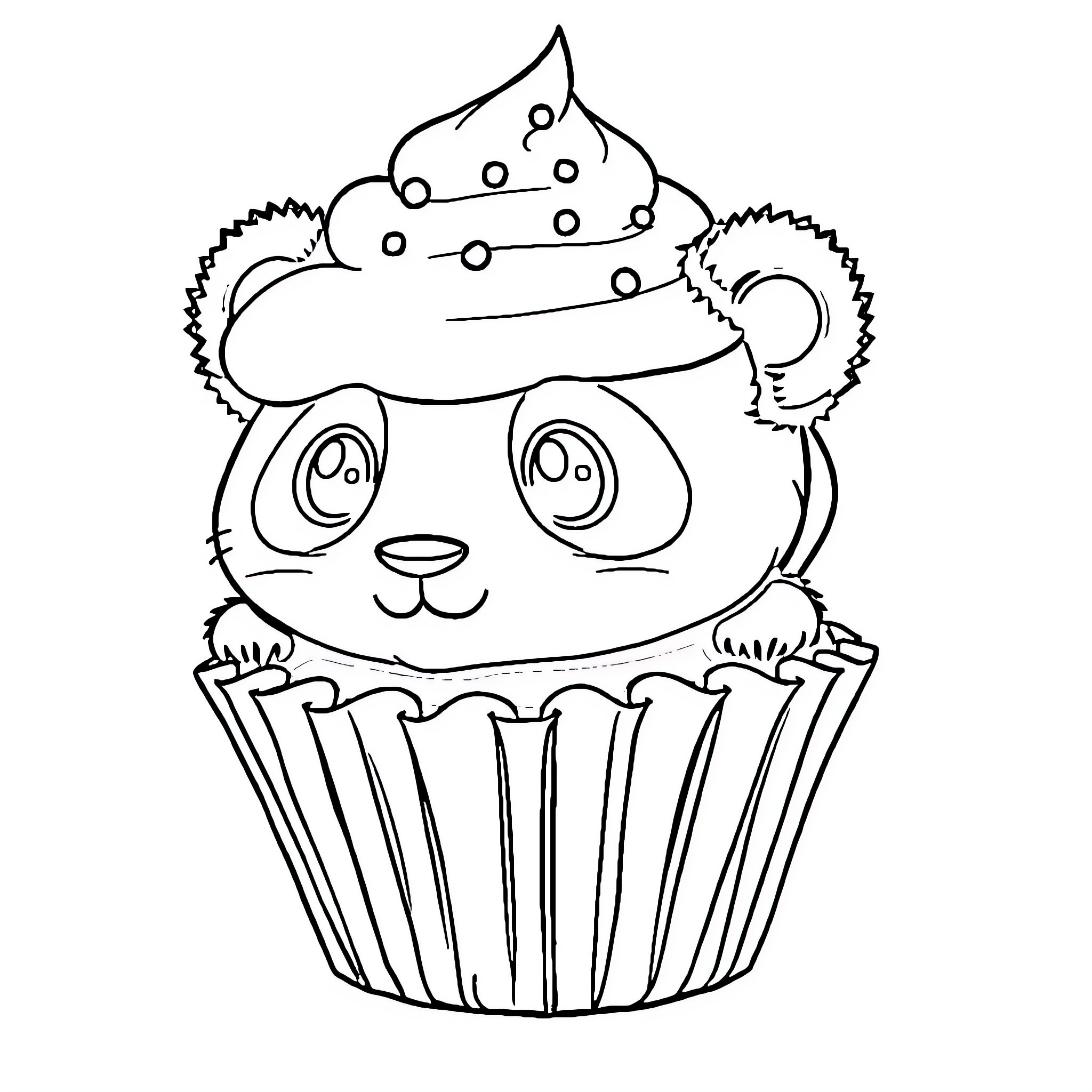 Panda cupcake with cute expression Coloring Page (free black-and-white line drawing printable PDF for all, from beginners to advanced learners, including children, teens, adults, and seniors)