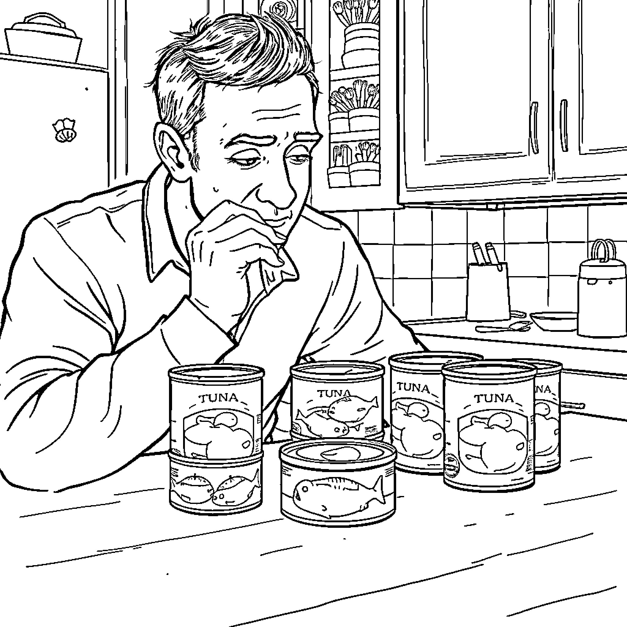 Man contemplating canned tuna in kitchen Coloring Page (free black-and-white line drawing printable PDF for all, from beginners to advanced learners, including children, teens, adults, and seniors)