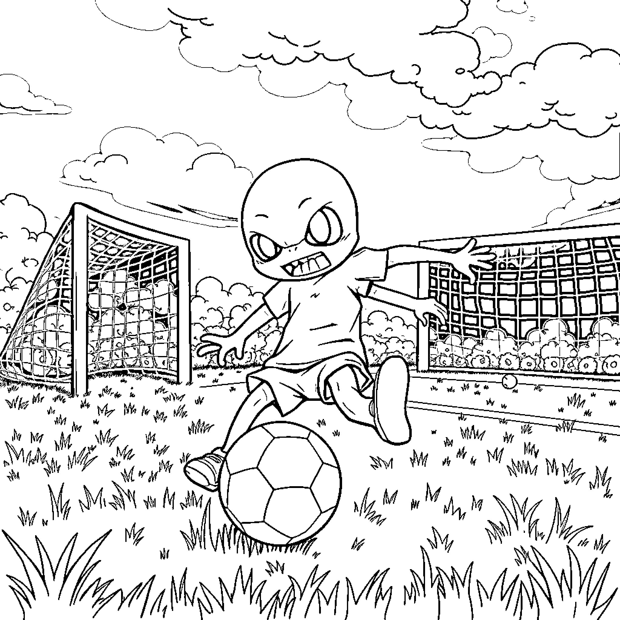 Pokémon character playing soccer on the field Coloring Page (free black-and-white line drawing printable PDF for all, from beginners to advanced learners, including children, teens, adults, and seniors)