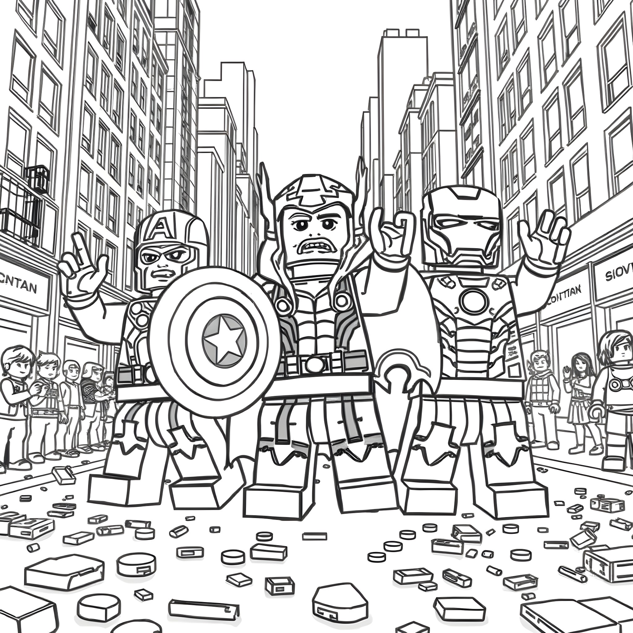 Lego Superheroes battling on a crowded city street Coloring Page (free black-and-white line drawing printable PDF for all, from beginners to advanced learners, including children, teens, adults, and seniors)
