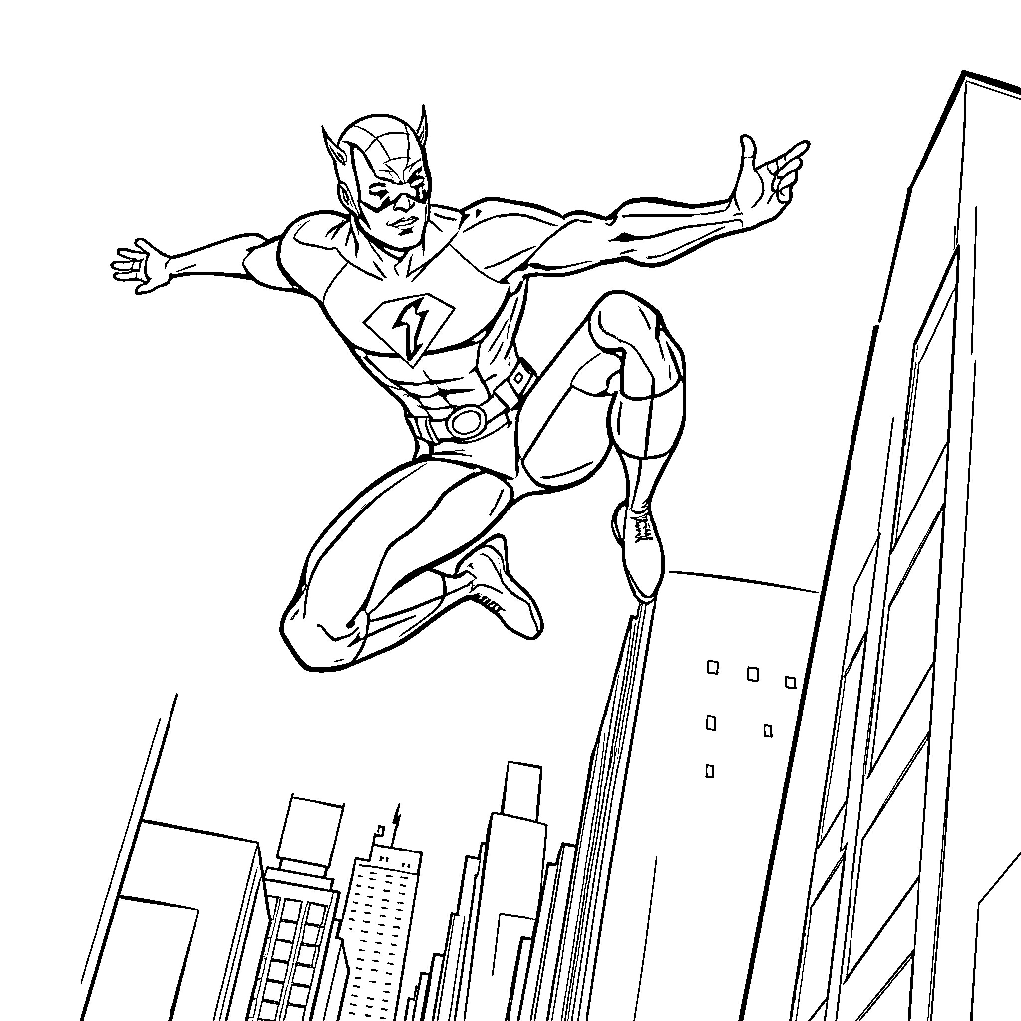 Daredevil soars over the city skyline Coloring Page (free black-and-white line drawing printable PDF for all, from beginners to advanced learners, including children, teens, adults, and seniors)